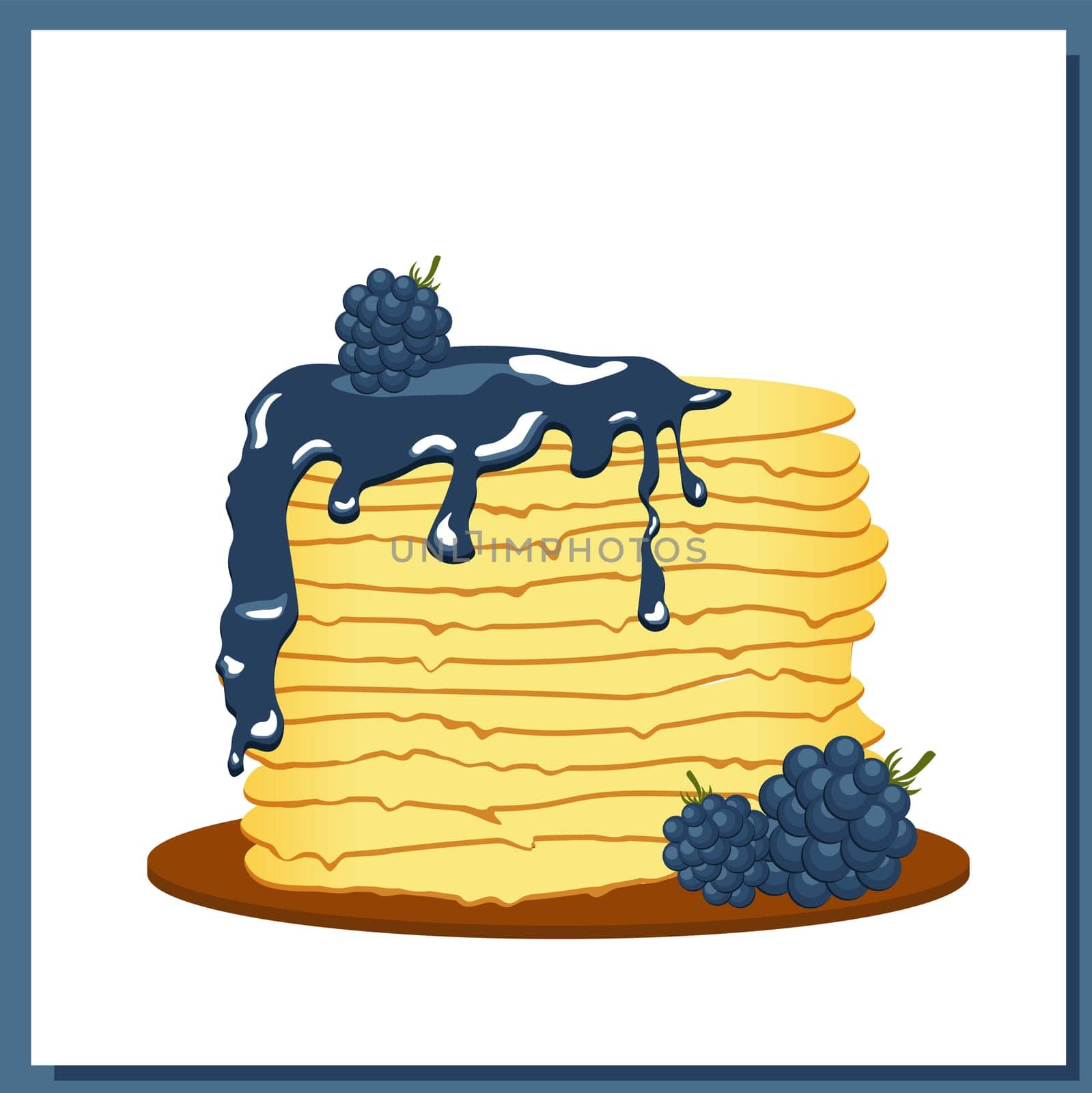 Pancakes. Blackberry jam. Maslenitsa week. Spring festival meeting. Pancakes glazed on white plate. Vector illustration.