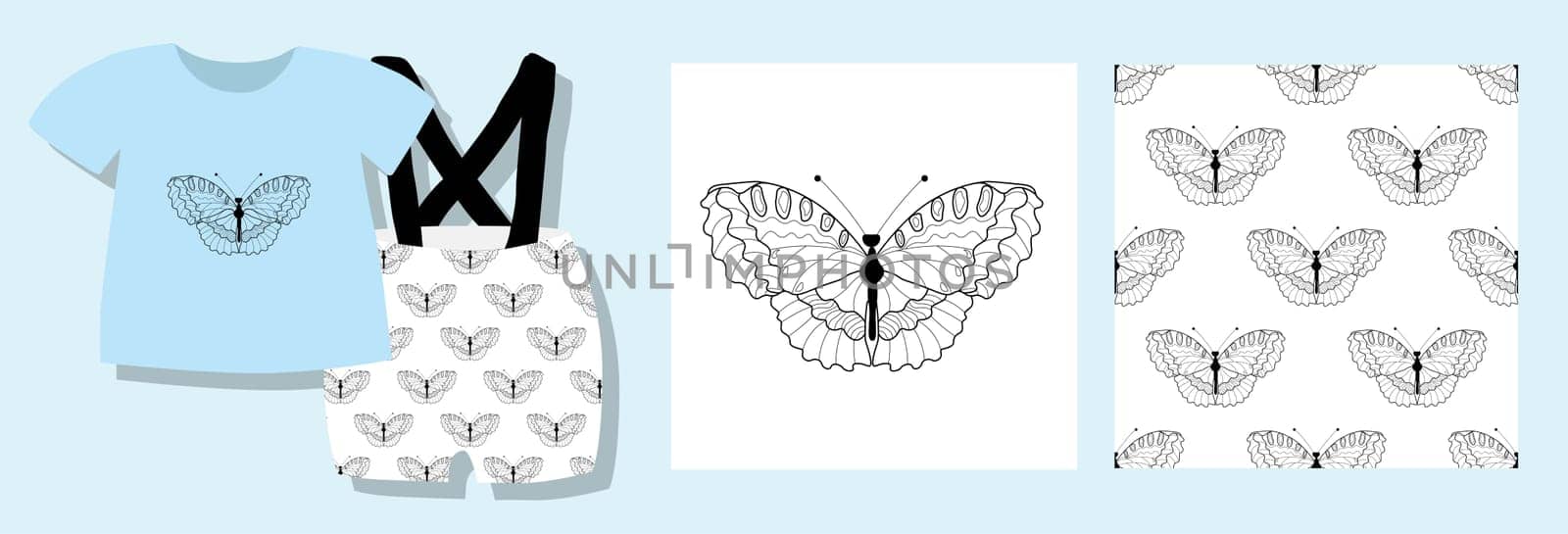 A funny print for baby clothes. Cute pattern with butterflies. T-shirt design. Vector illustration. Ready-made textile design kit. Seamless patterns. Butterfly character. Printed pajamas. insects.