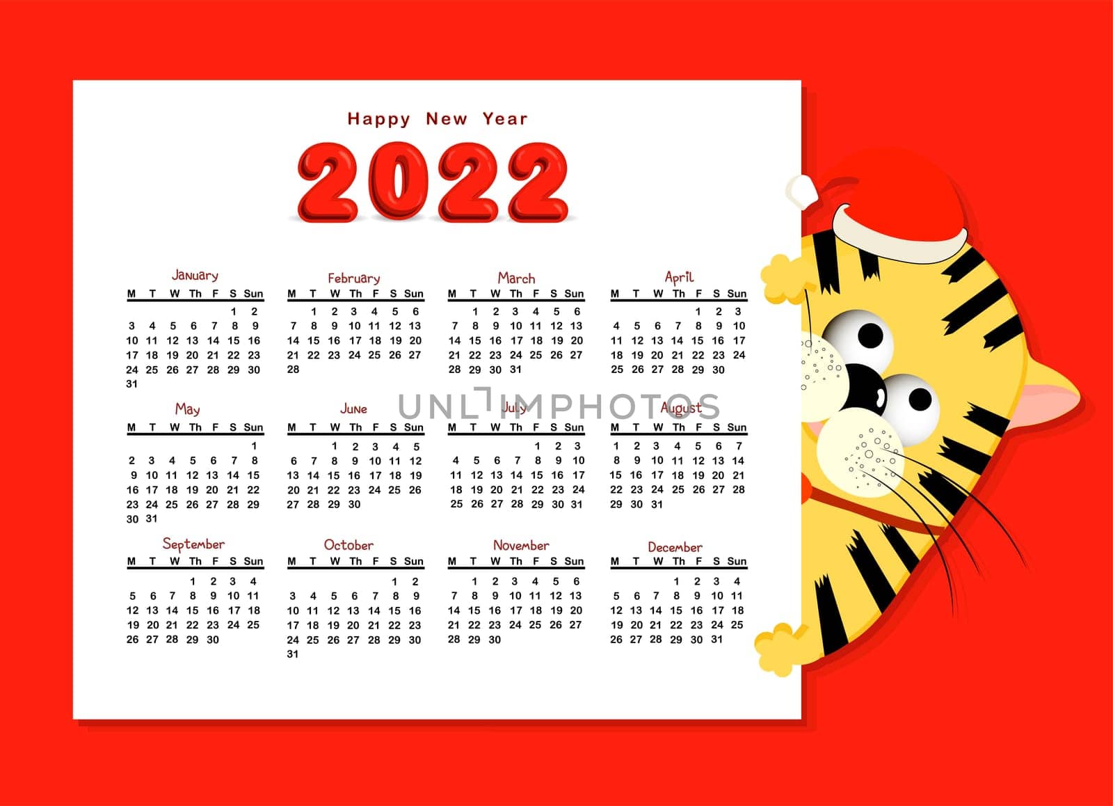 Funny kids calendar for 2022. Year of the tiger symbol 2022.Vector illustration. Schedule, weekly.