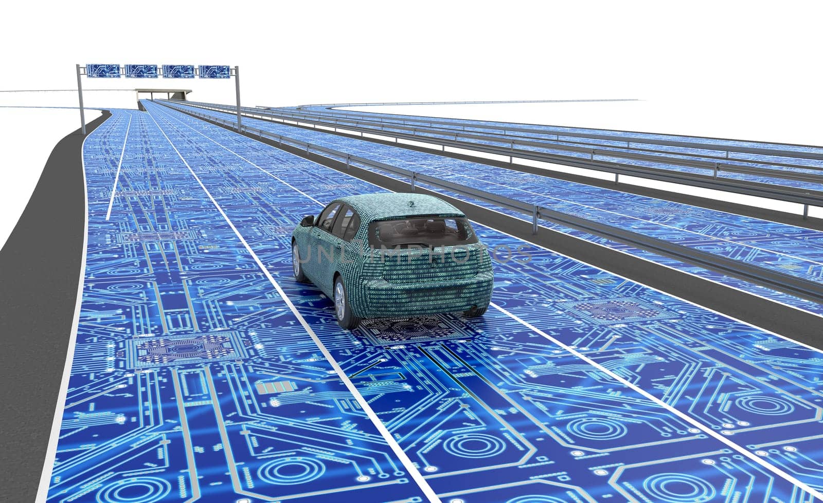 self driving electronic computer car on road, 3d illustration