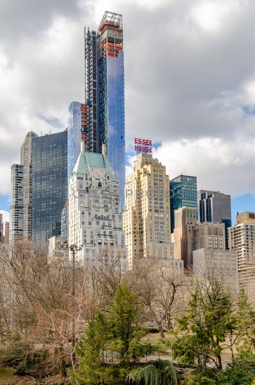 Essex House Building with other Skyscrapers, Skyline of Manhattan on a cloudy winter day, New York City, trees and Central Park in the Forefront, vertical