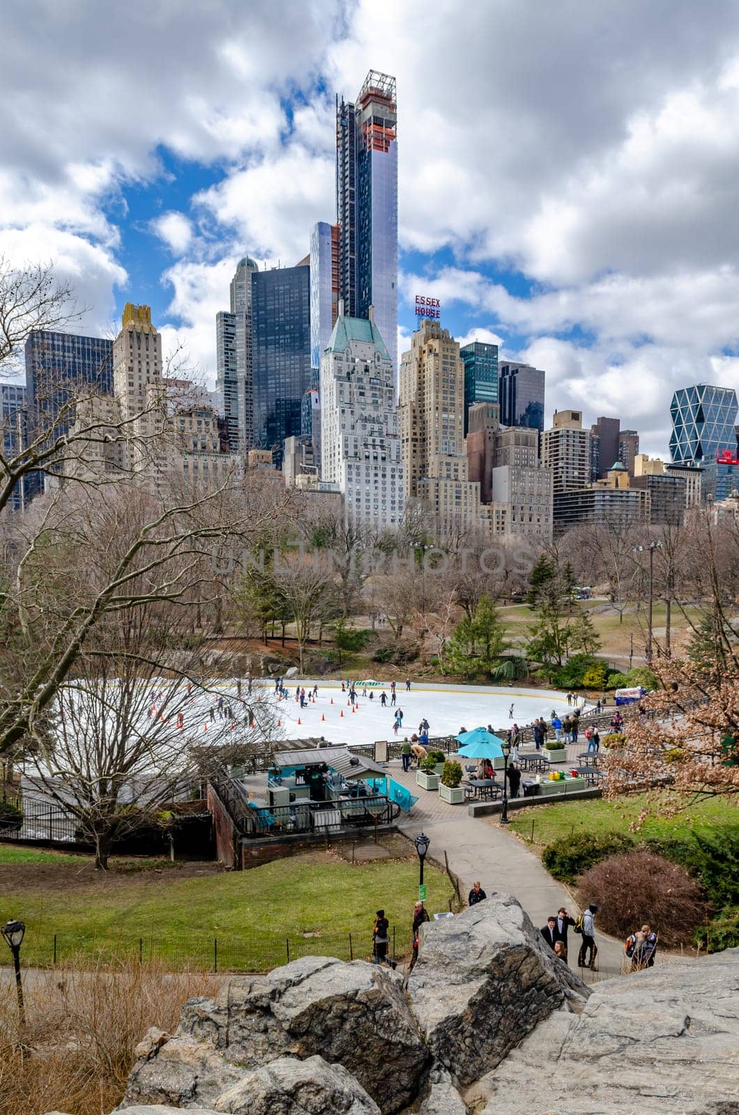 Wollman Rink with People Ice Skating during daytime in winter, view from the distance, Central Park New York City, benches and people walking in the forefront, rocks in the forefront, vertical