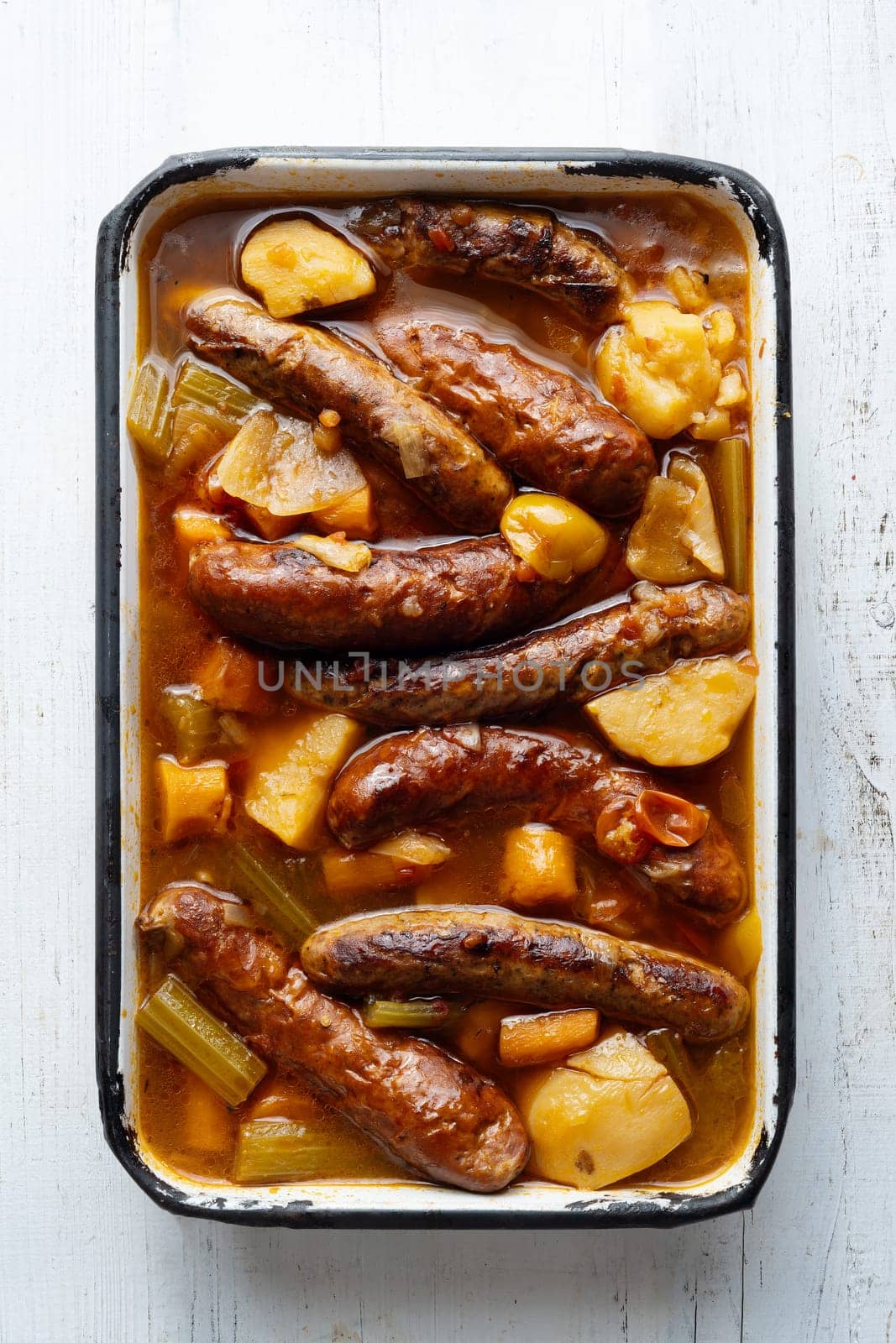 close up of rustic english sausage casserole comfort food