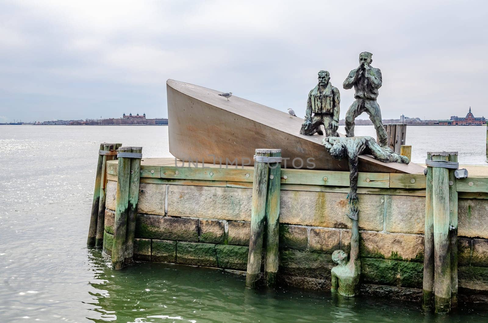 American Merchant Mariners' Memorial at Hudson River close-up, New York City, during winter day with overcast, horizontal