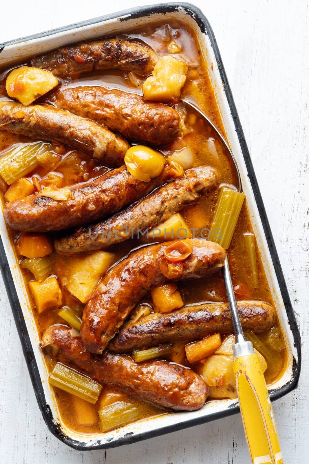 close up of rustic english sausage casserole comfort food