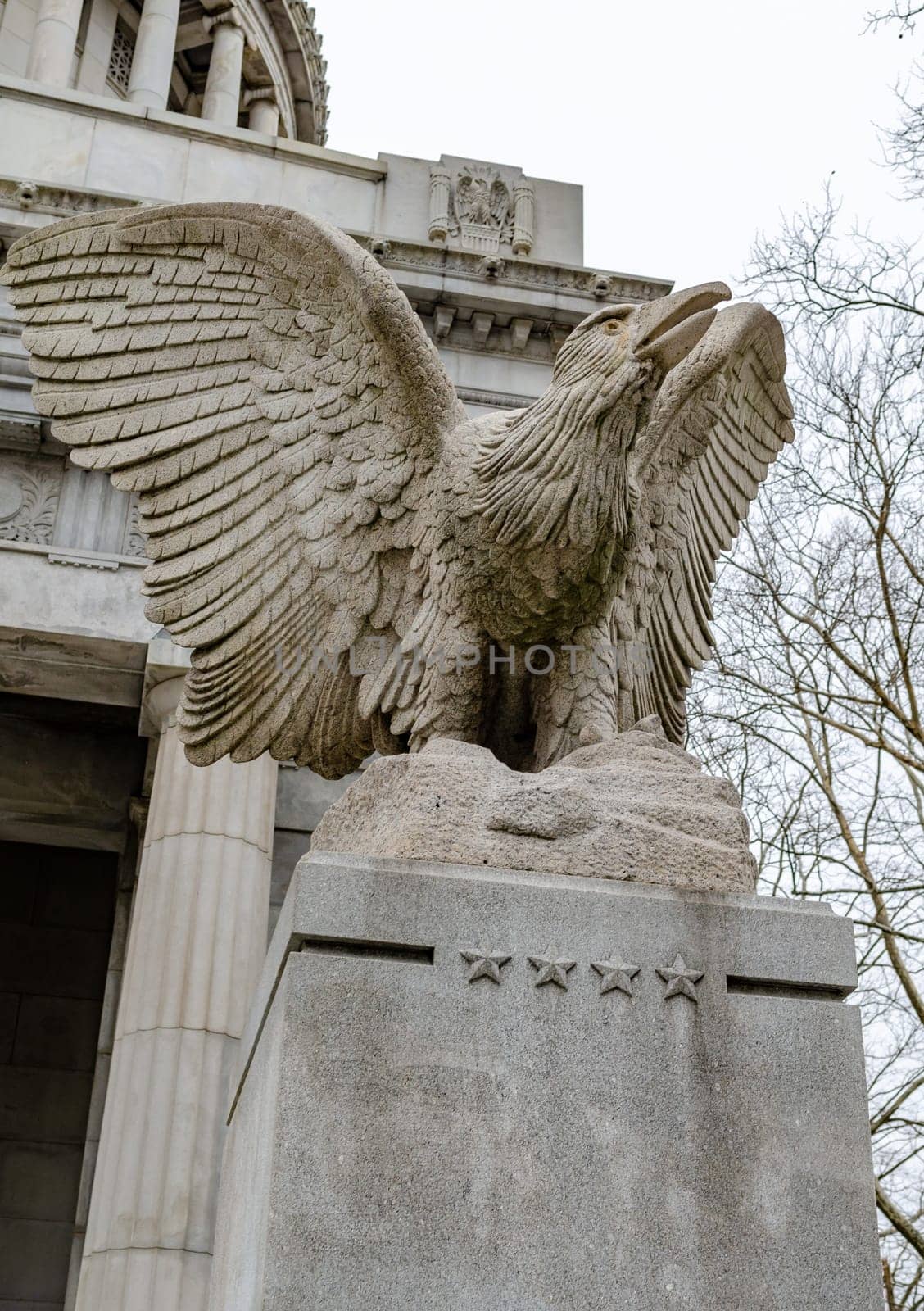 Eagle at General Grant National Memorial, Riverside Park, Harlem, New York City, low angle view, during winter day with overcast, vertical