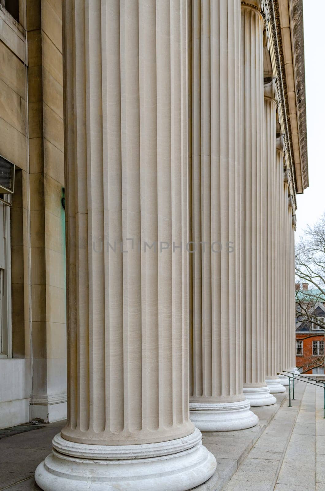 Columns in a row of The Library of Columbia University, close-up, New York City, during winter day with overcast, vertical