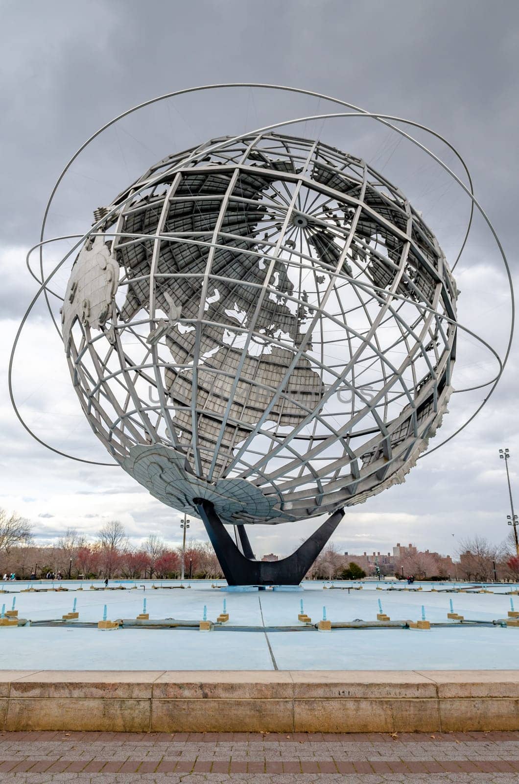 Unisphere close-up at Flushing-Meadows-Park, Queens, New York City during overcast winter day, vertical