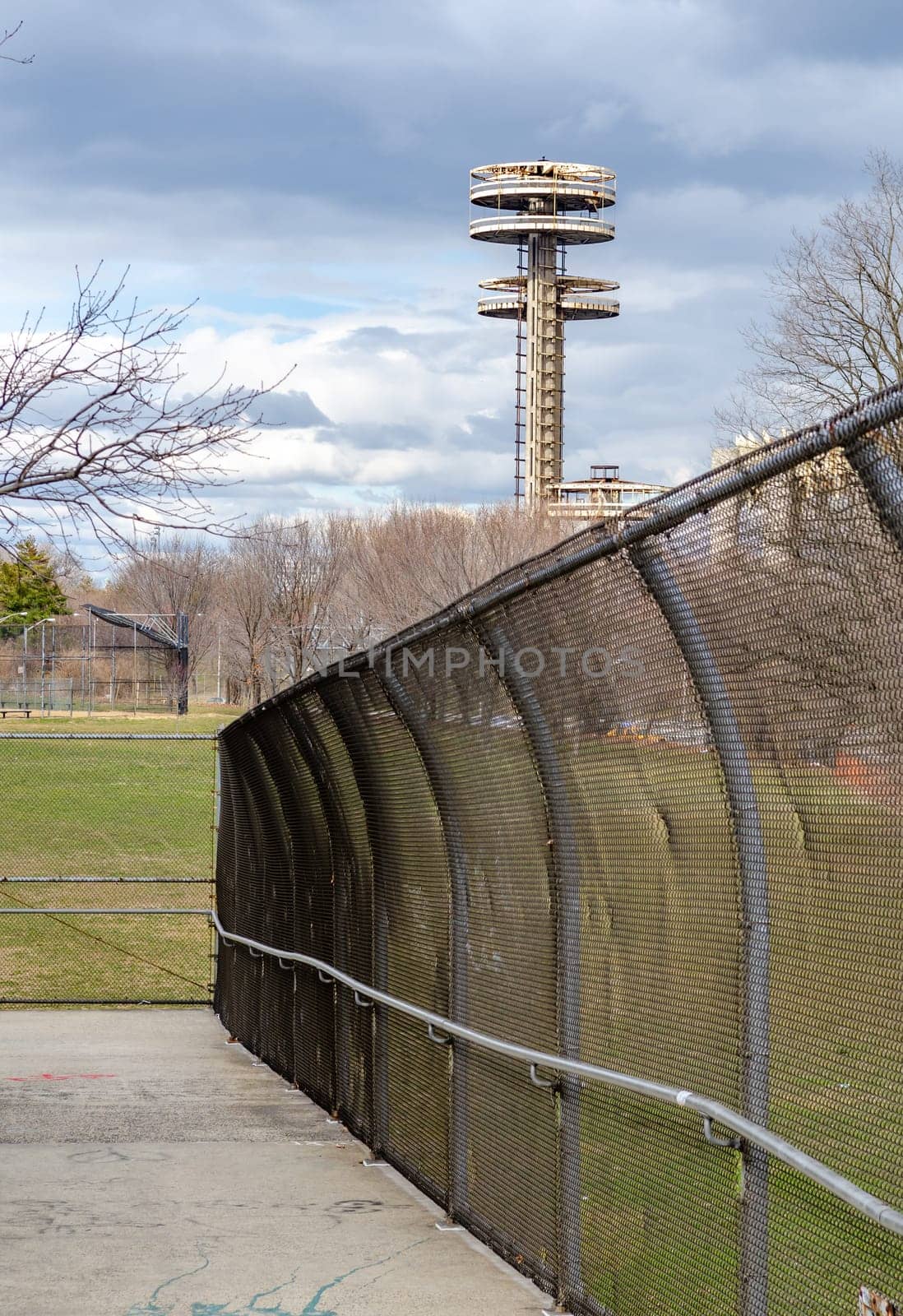 New York State Pavilion Observation Towers, Flushing-Meadows-Park, New York City during overcast winter day, vertical