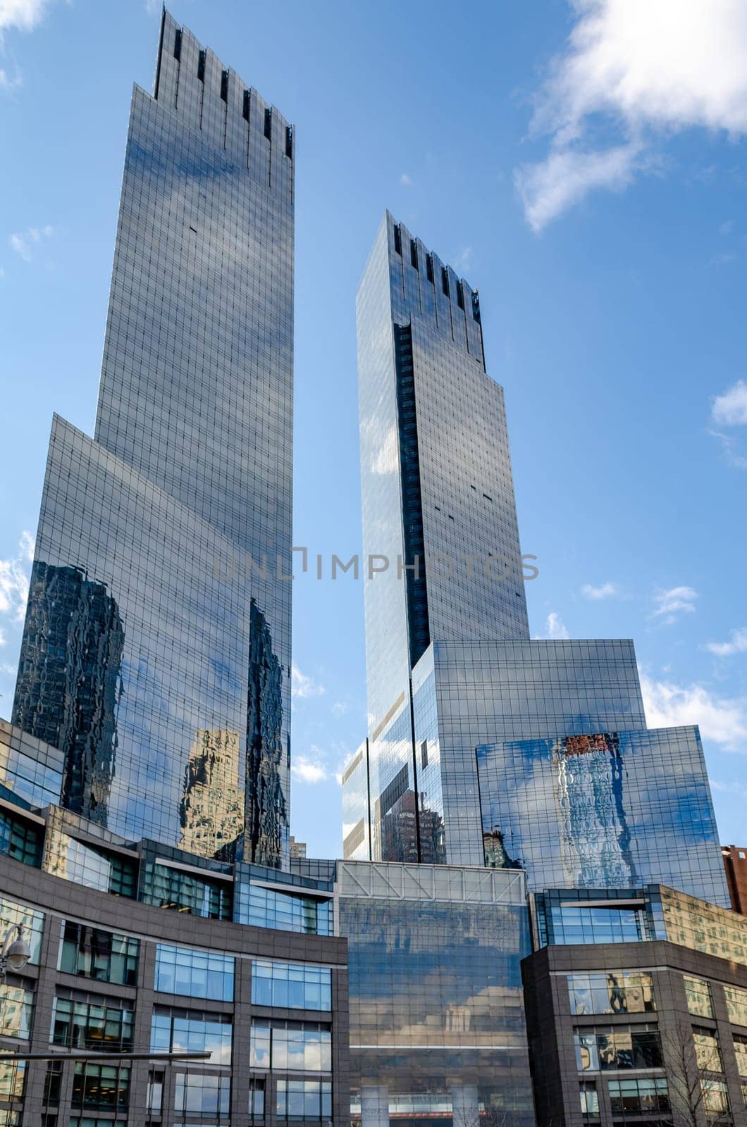 Time Warner Center, New York City, no people, view from low angle during winter, vertical