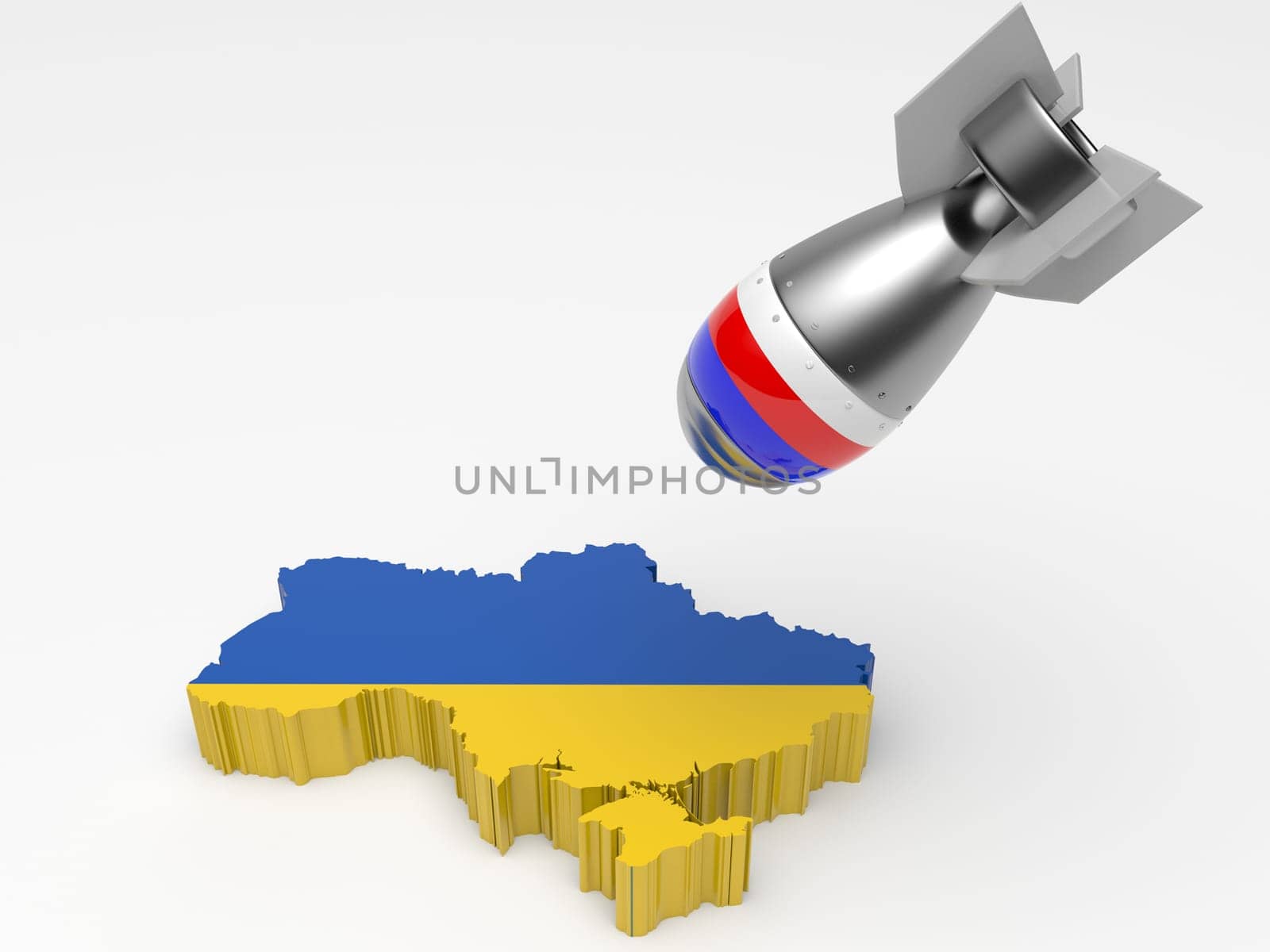3D rendering of a Russian Missile bombarding a map of Ukraine in Europe