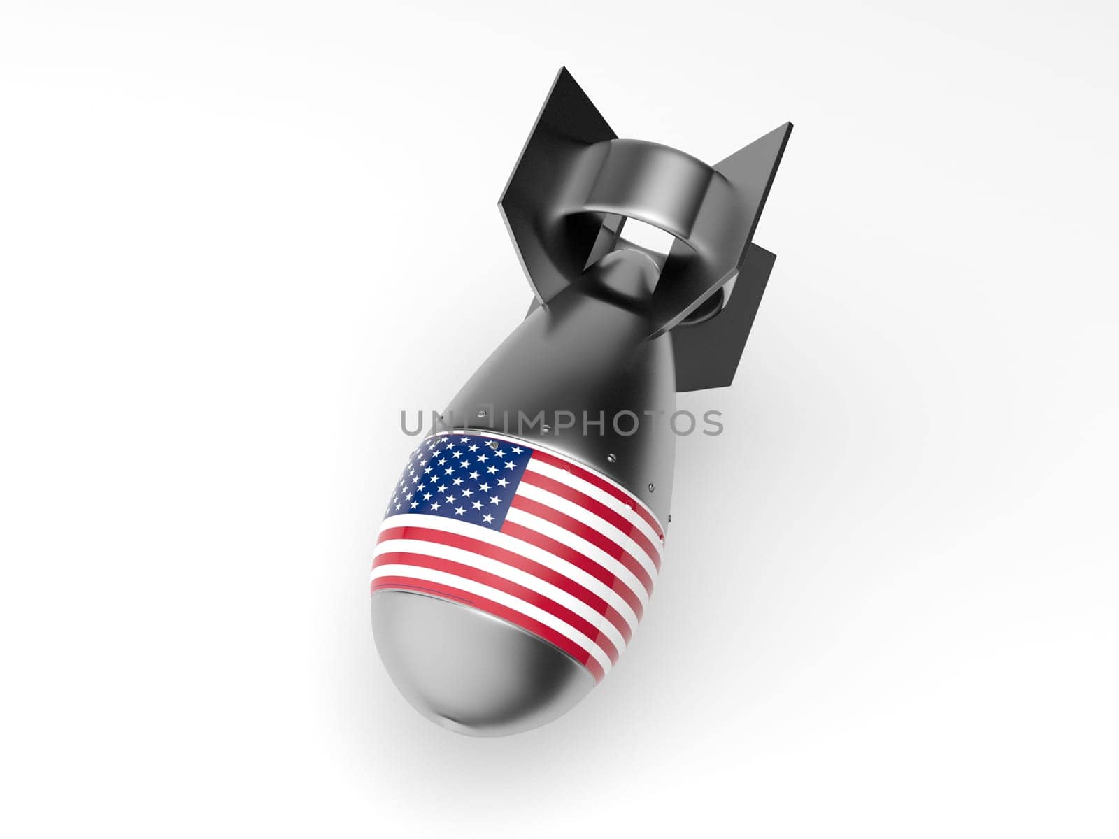 3d rendering of an American missile with an American flag on a white background falling