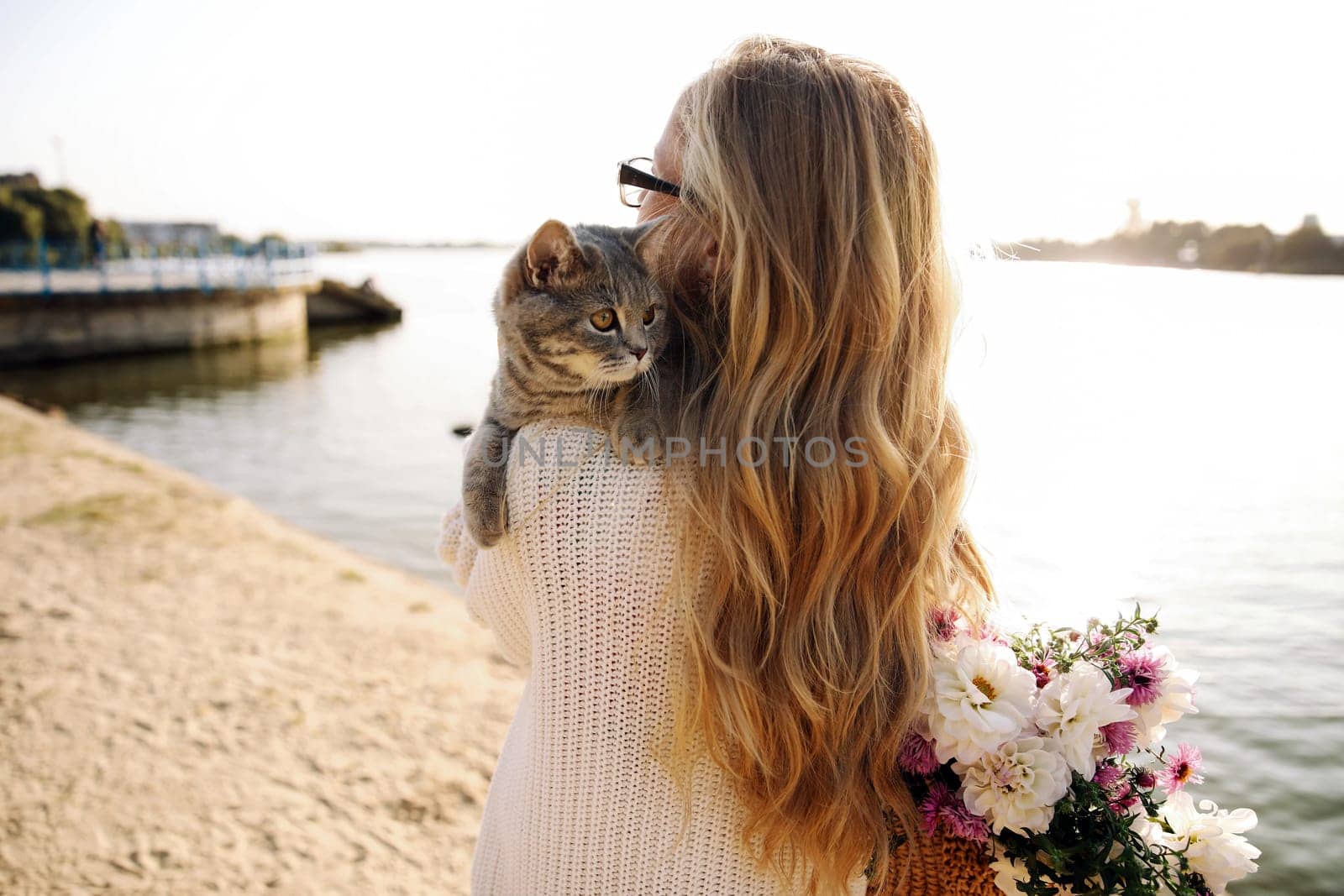 Young blonde girl with glasses holds a cat breed Scottish Straight. Walk with pet near the lake, river at sunset on the beach