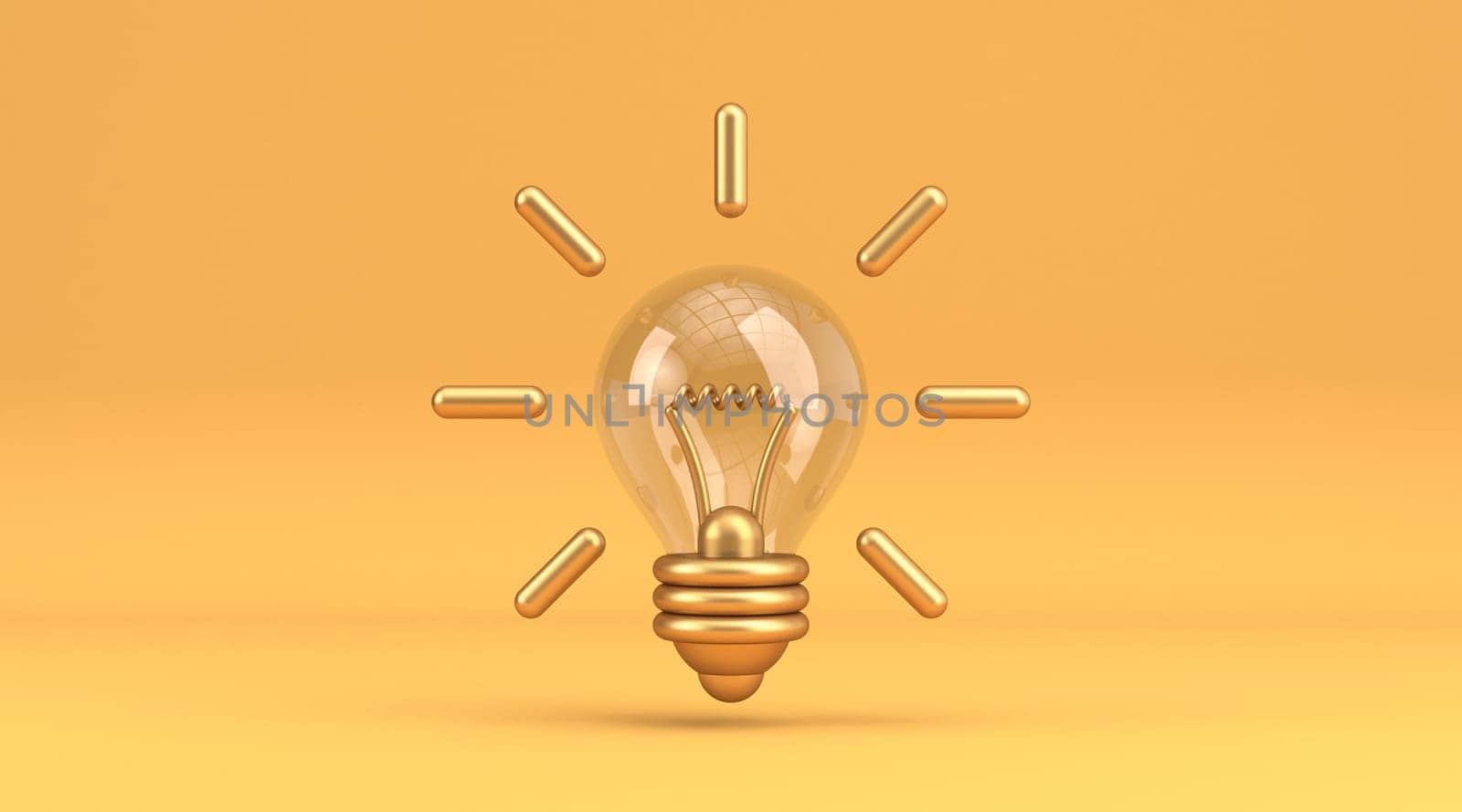 Yellow gold light bulb icon 3D rendering illustration isolated on yellow background