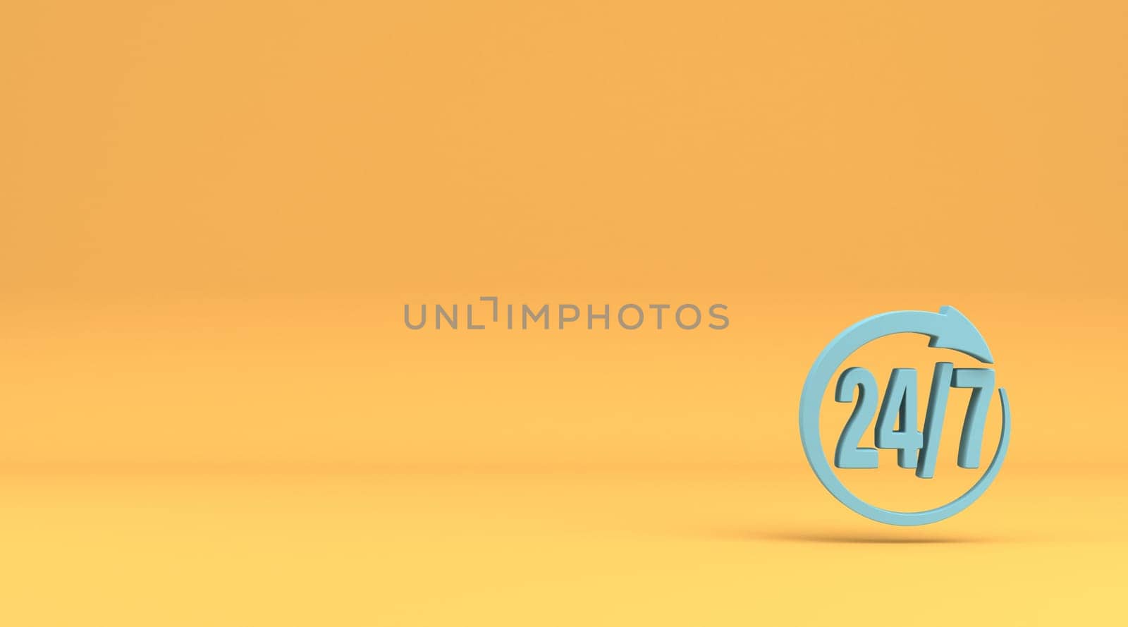 24 hours 7 days a week sign 3D rendering illustration isolated on yellow background