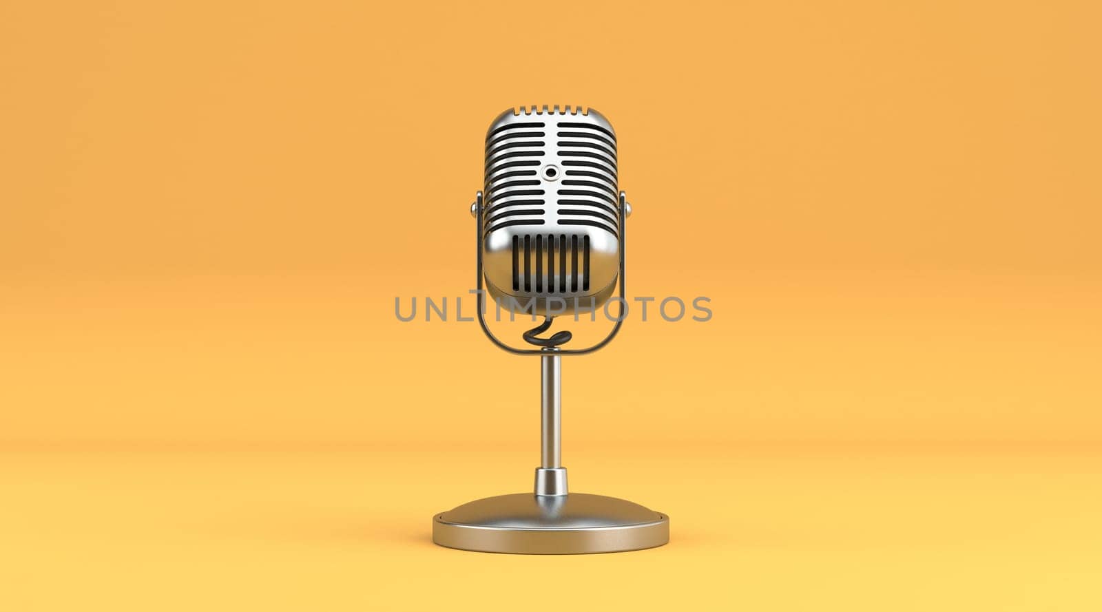Retro vintage microphone Front view 3D rendering illustration isolated on yellow background