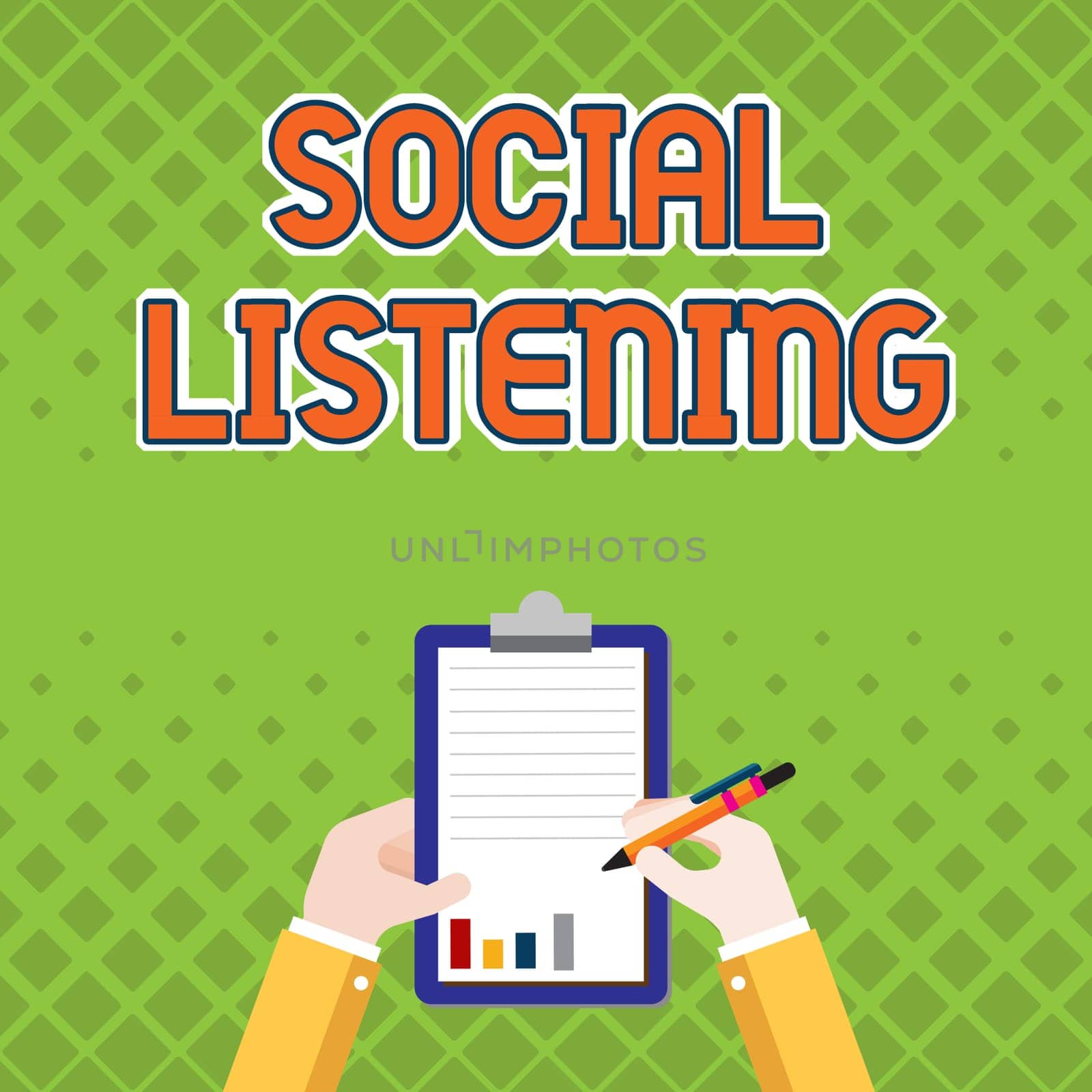 Writing displaying text Social Listening. Business overview analyzing the conversations and trends of your product Business Associate Holding Clipboard Documenting Reports With Pen.