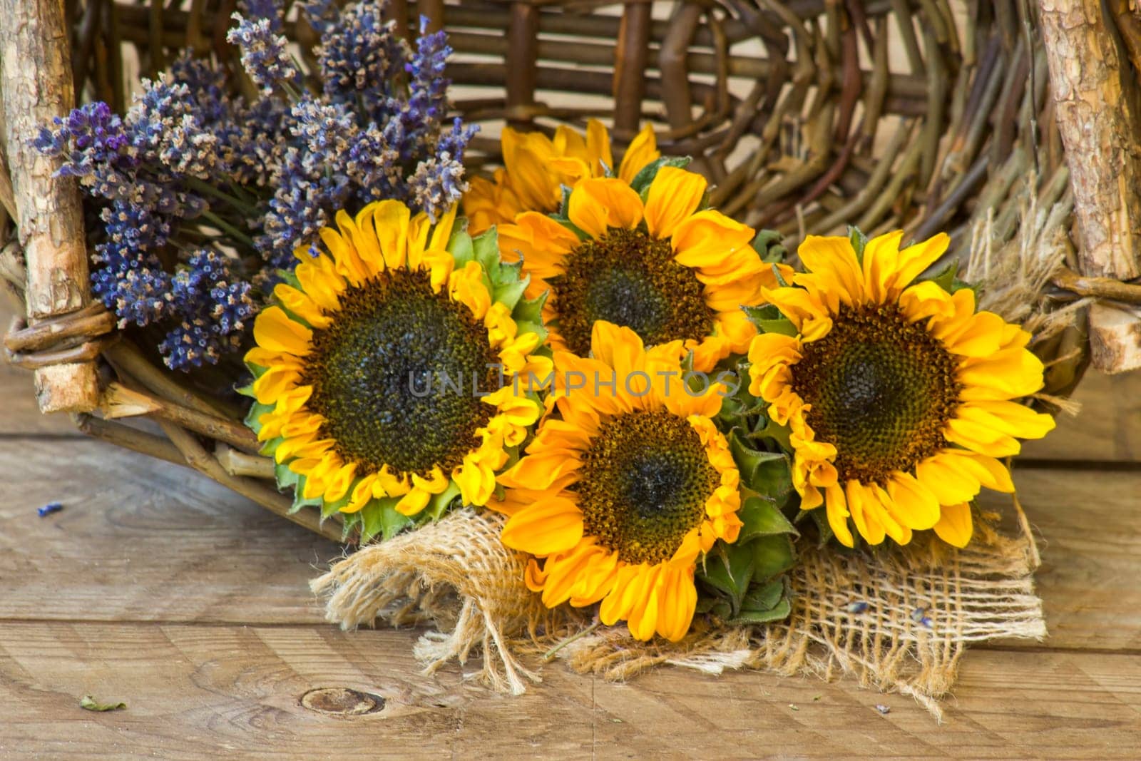 sunflowers and lavender in a basket on wooden background