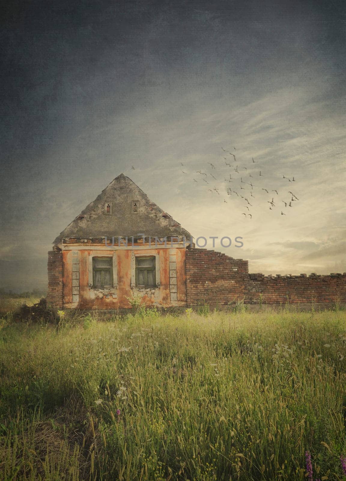 Old house ruins in the field. Texture added.