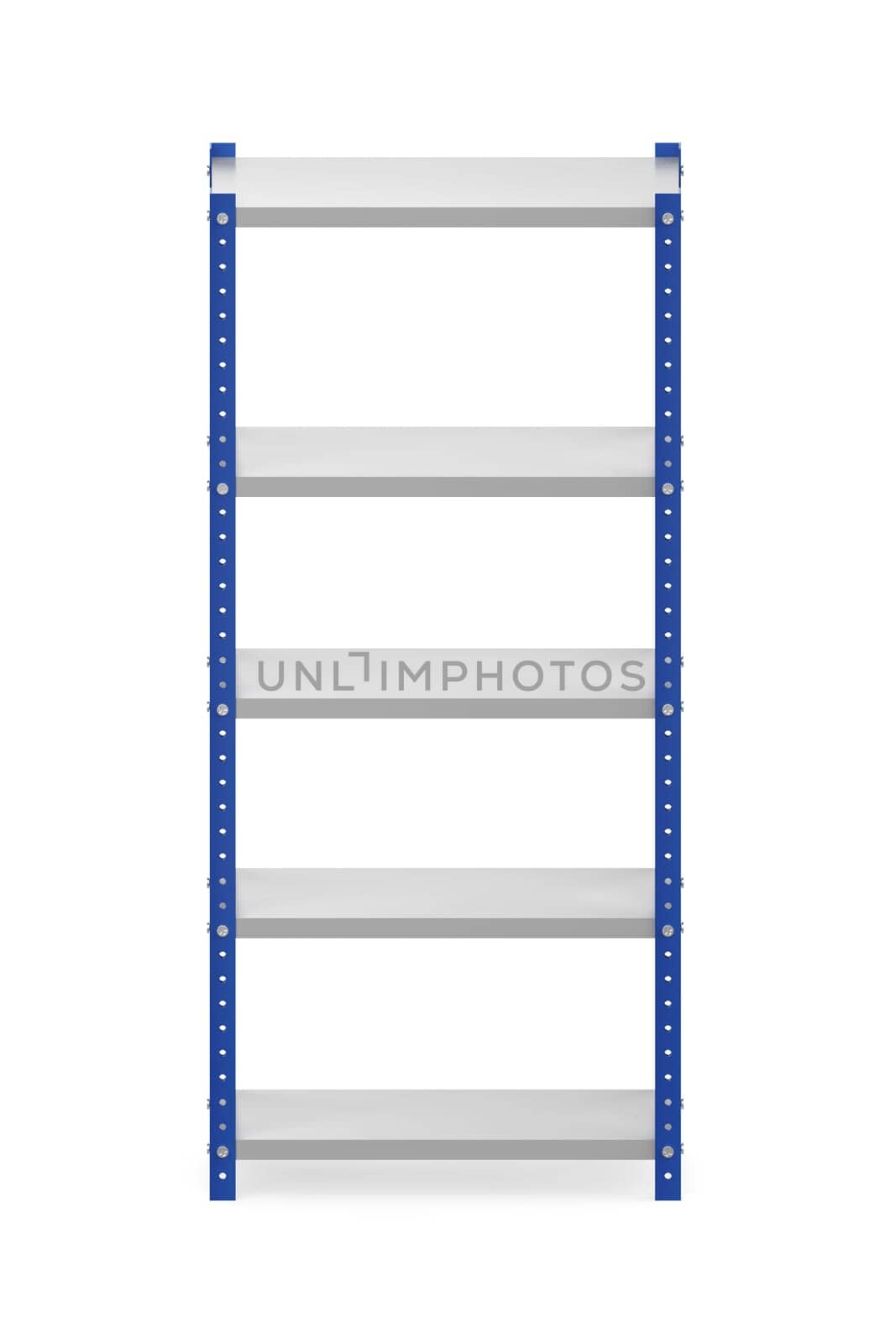 Front view of metal shelving unit on white background