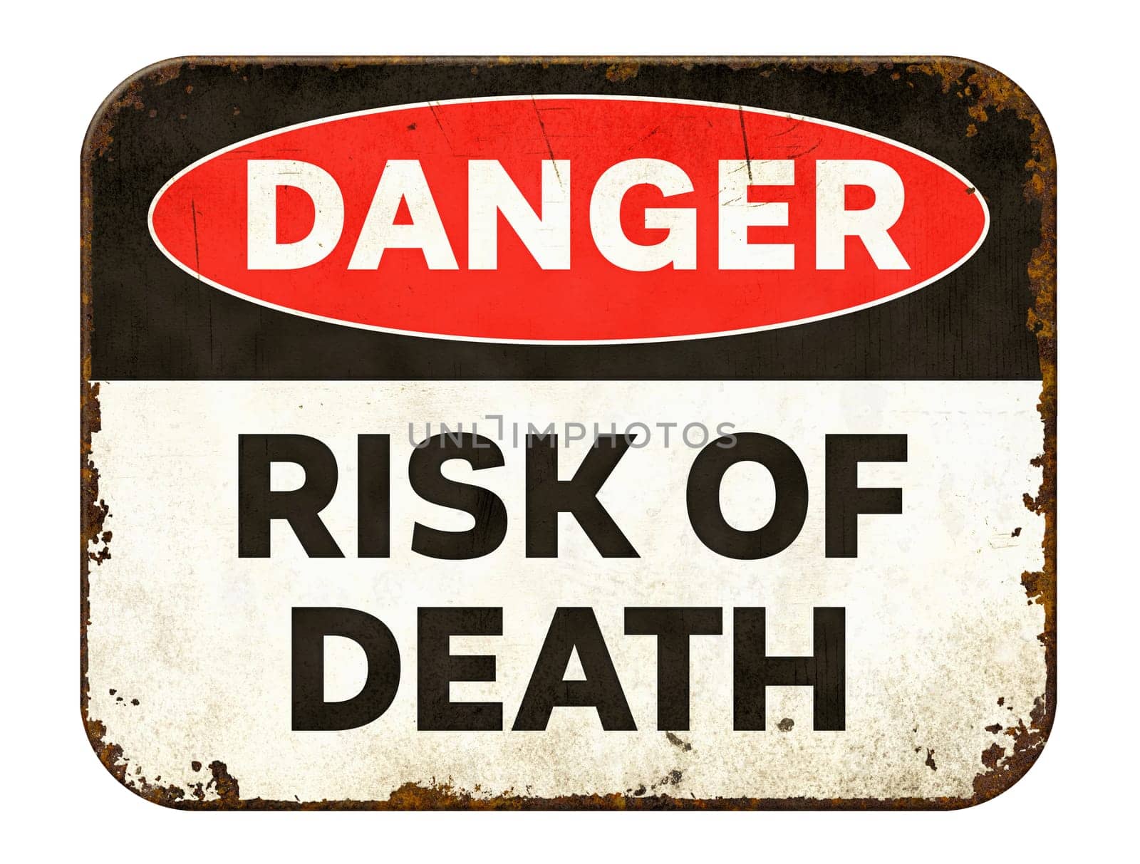 Vintage tin danger sign on a white background - Risk of death