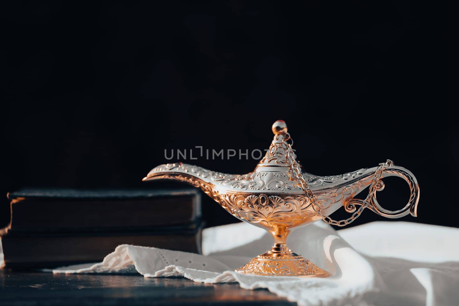 Ramadan Kareem festive greeting card for Muslim holy month with Aladdin lamp of wishes and Quran