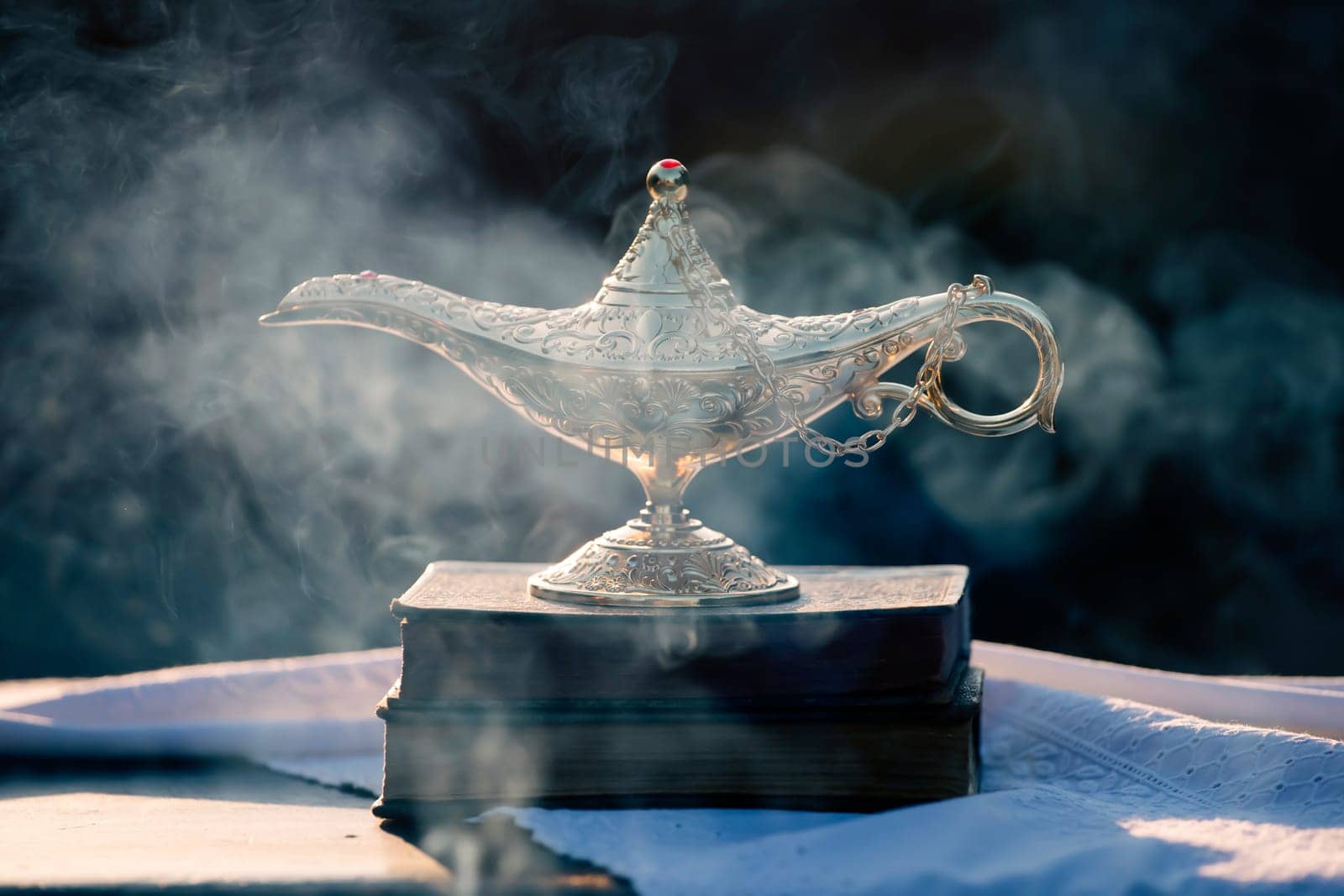 Ramadan Kareem festive greeting card for Muslim holy month with Aladdin lamp of wishes and Quran