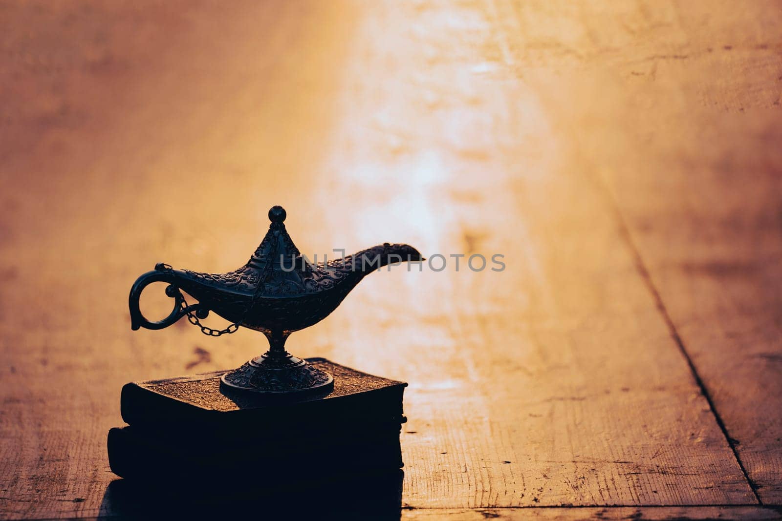 Ramadan Kareem festive greeting card for Muslim holy month with Aladdin lamp of wishes