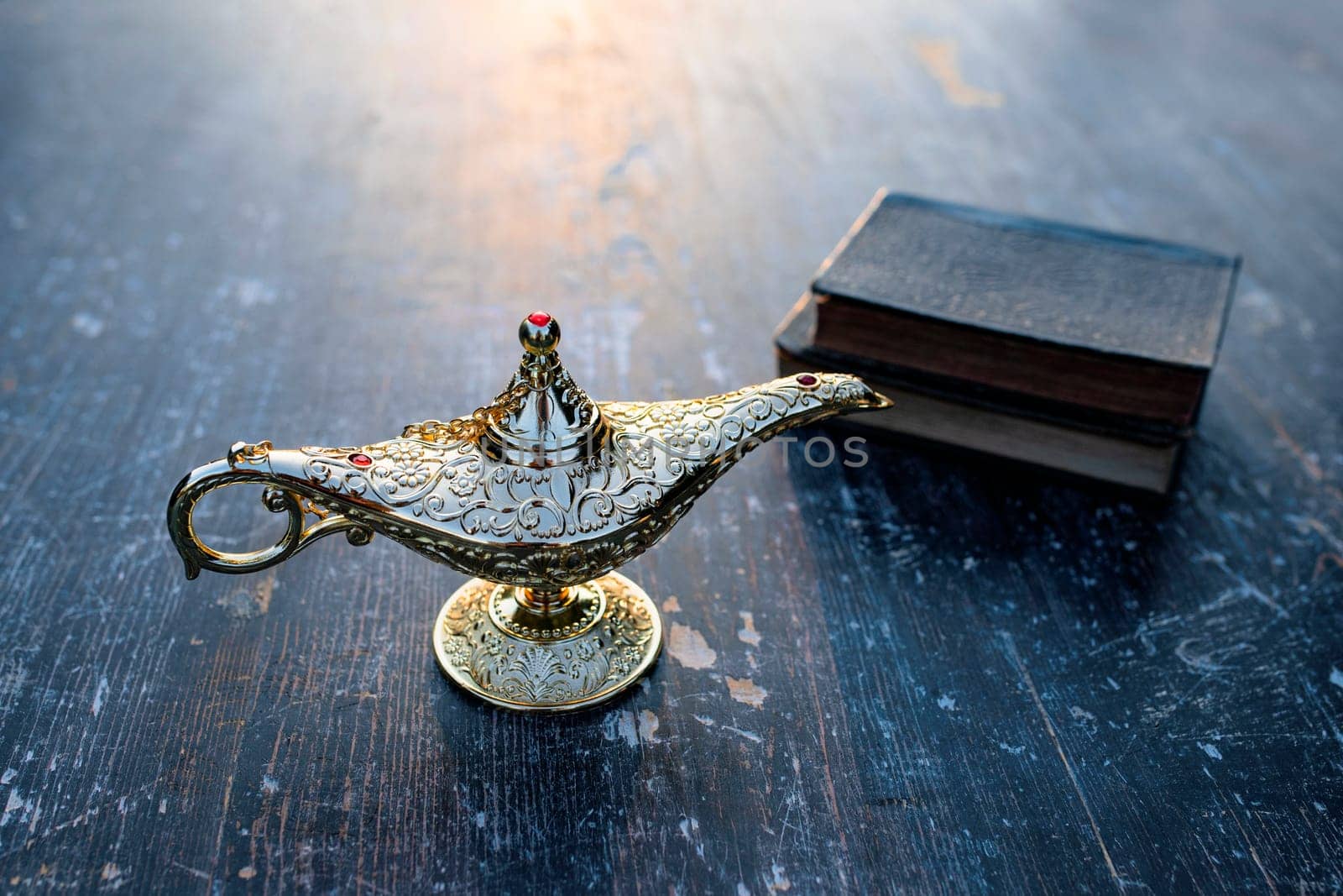 Ramadan Kareem festive greeting card for Muslim holy month with Aladdin lamp of wishes and Quran