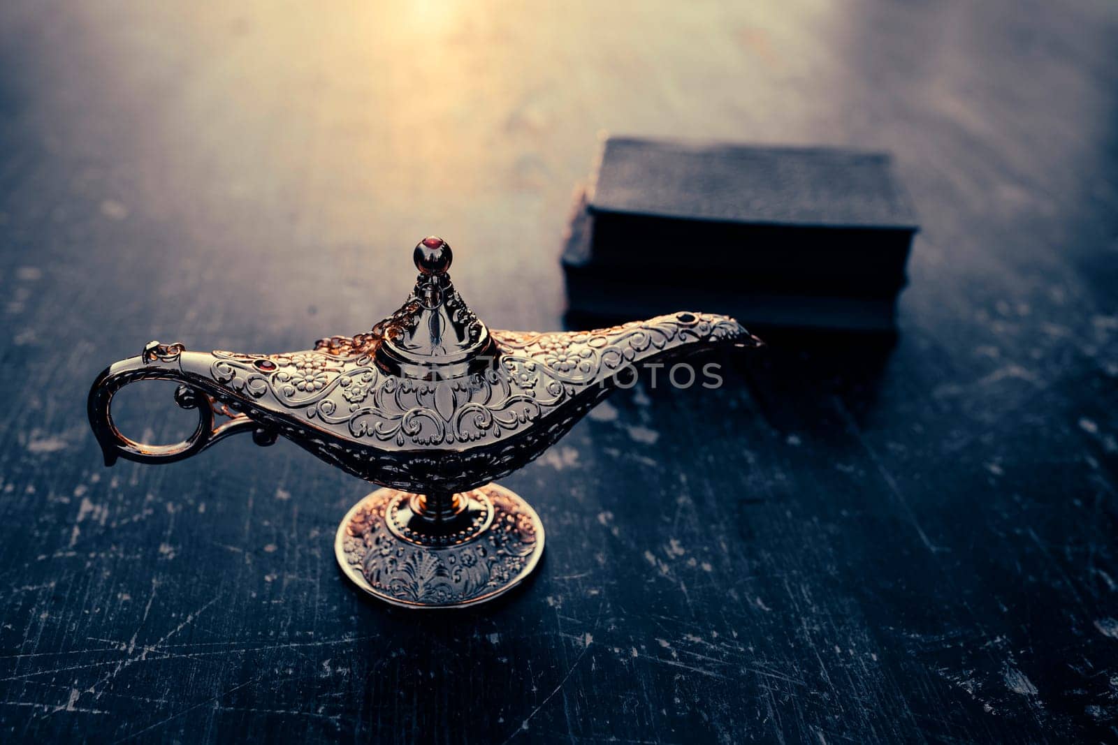 Ramadan Kareem festive greeting card for Muslim holy month with Aladdin lamp of wishes and Quran