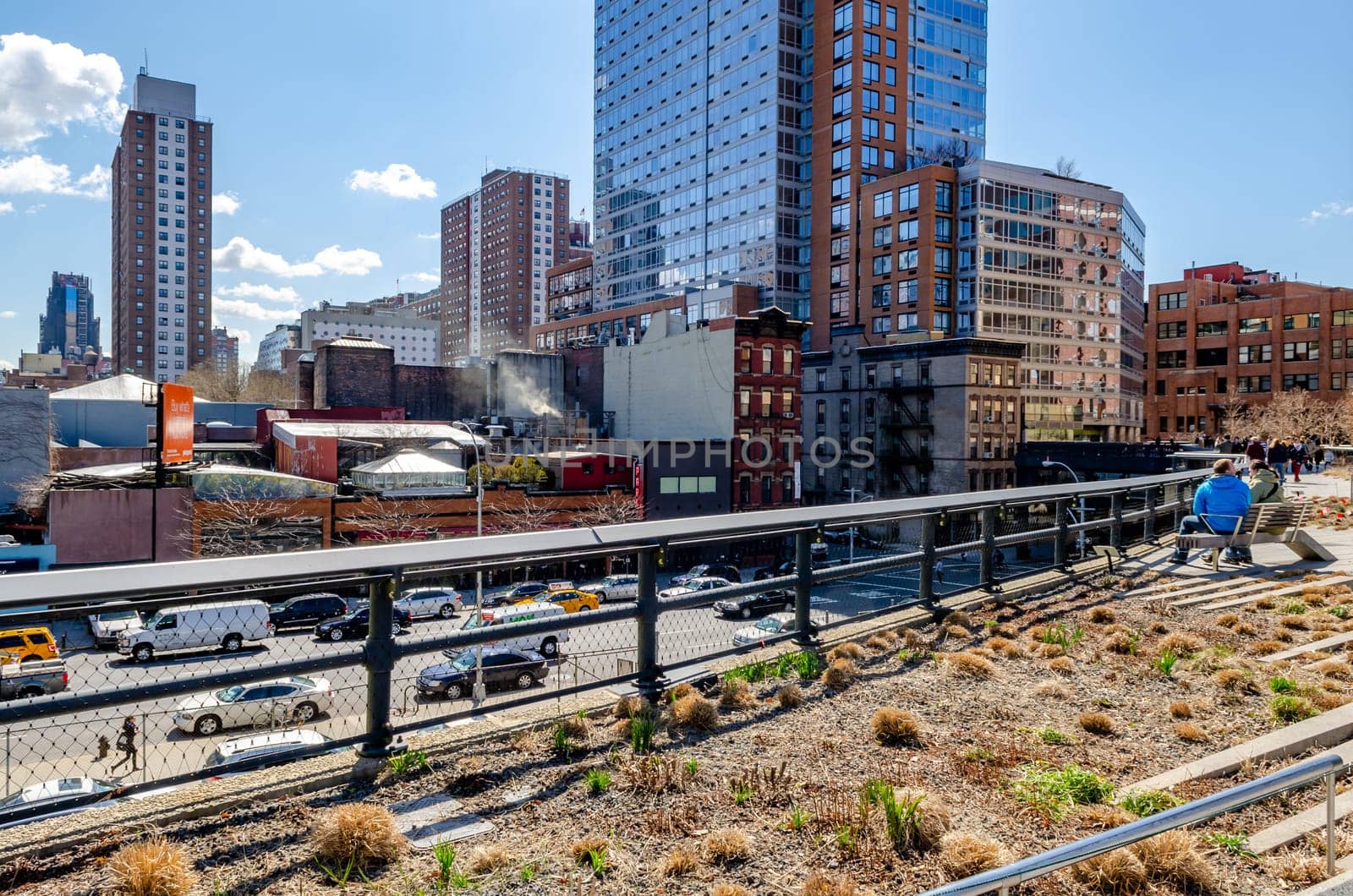 The High Line Rooftop Park, Chelsea, New York City during sunny winter day, People walking and sitting on a bench, city street with traffic next to the park, horizontal
