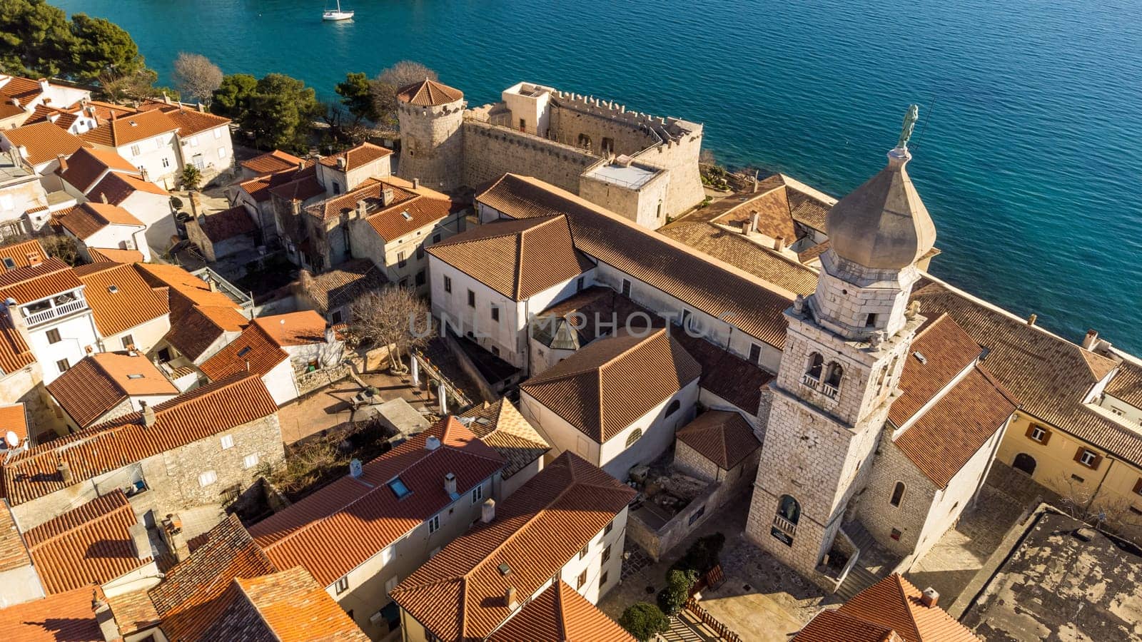 Aerial view of historic Adriatic town of Krk , Island of Krk, Kvarner bay of Adriatic sea, Croatia, Europe.