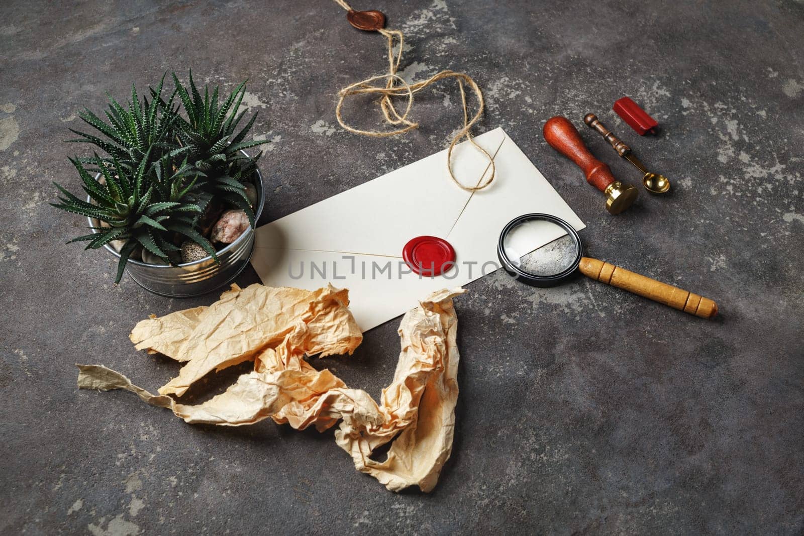 Retro postal stationery set on concrete background.