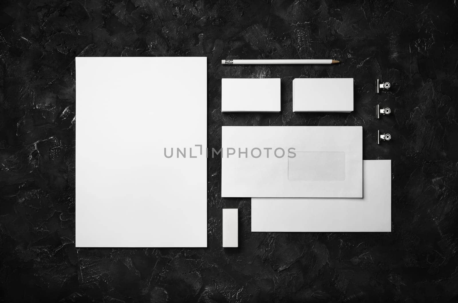 Blank stationery template for placing your design. Photo of blank stationery set. Mockup for branding identity. Flat lay.