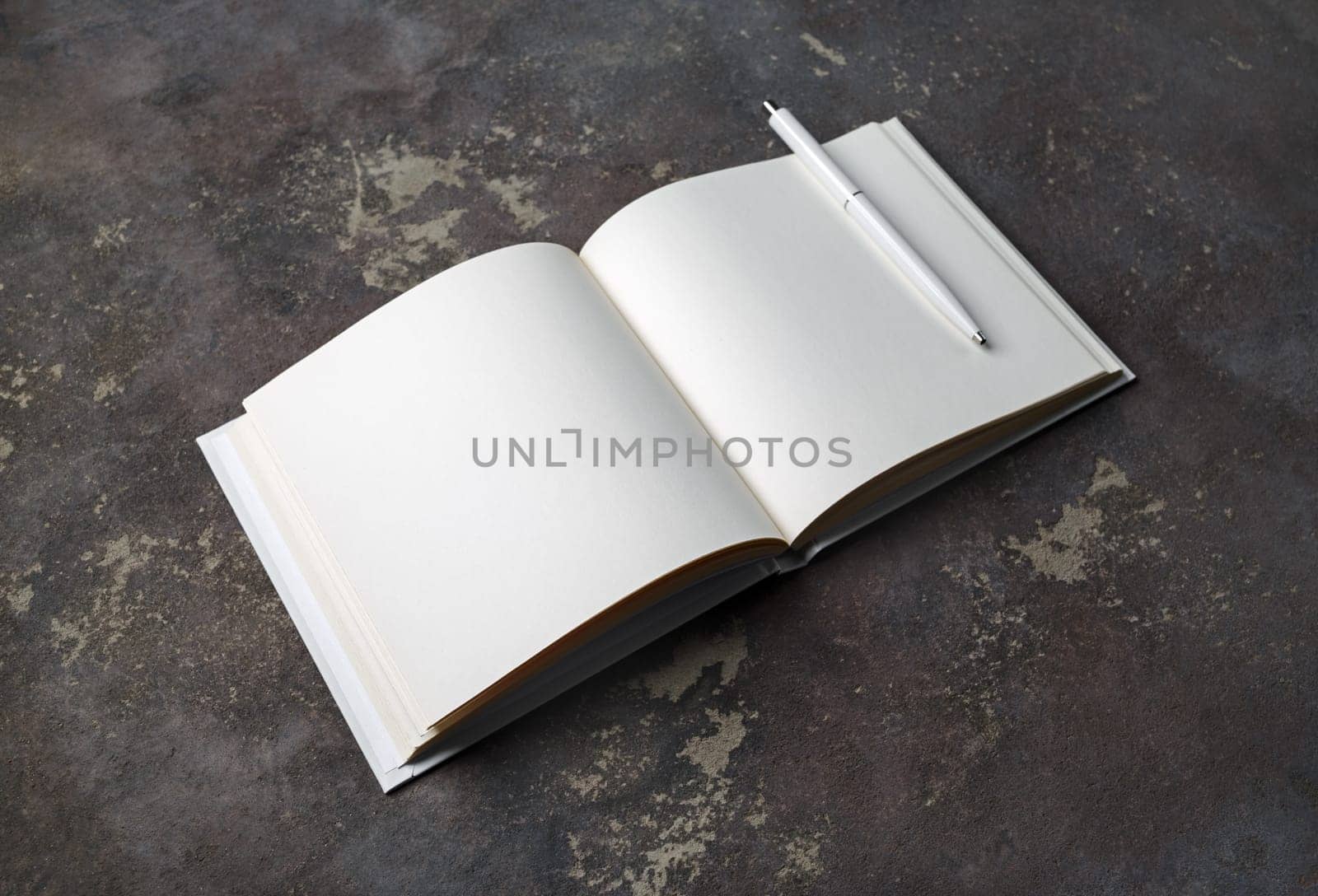Photo of opened book with blank white pages and pen on concrete background.