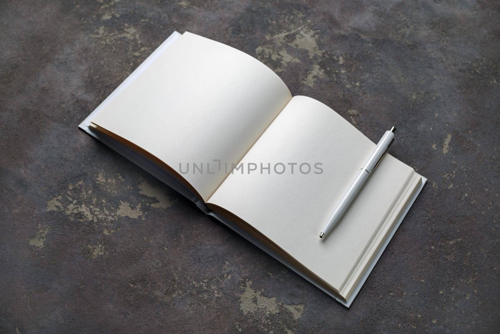 Blank open brochure and pen on concrete background. Responsive design template.