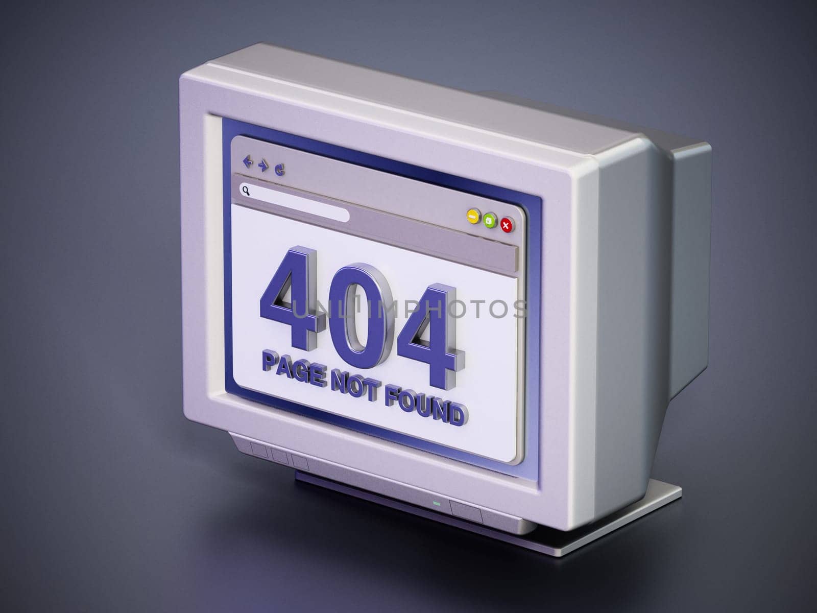 Retro monitor with 404 page not found connection error code on webpage. 3D illustration.