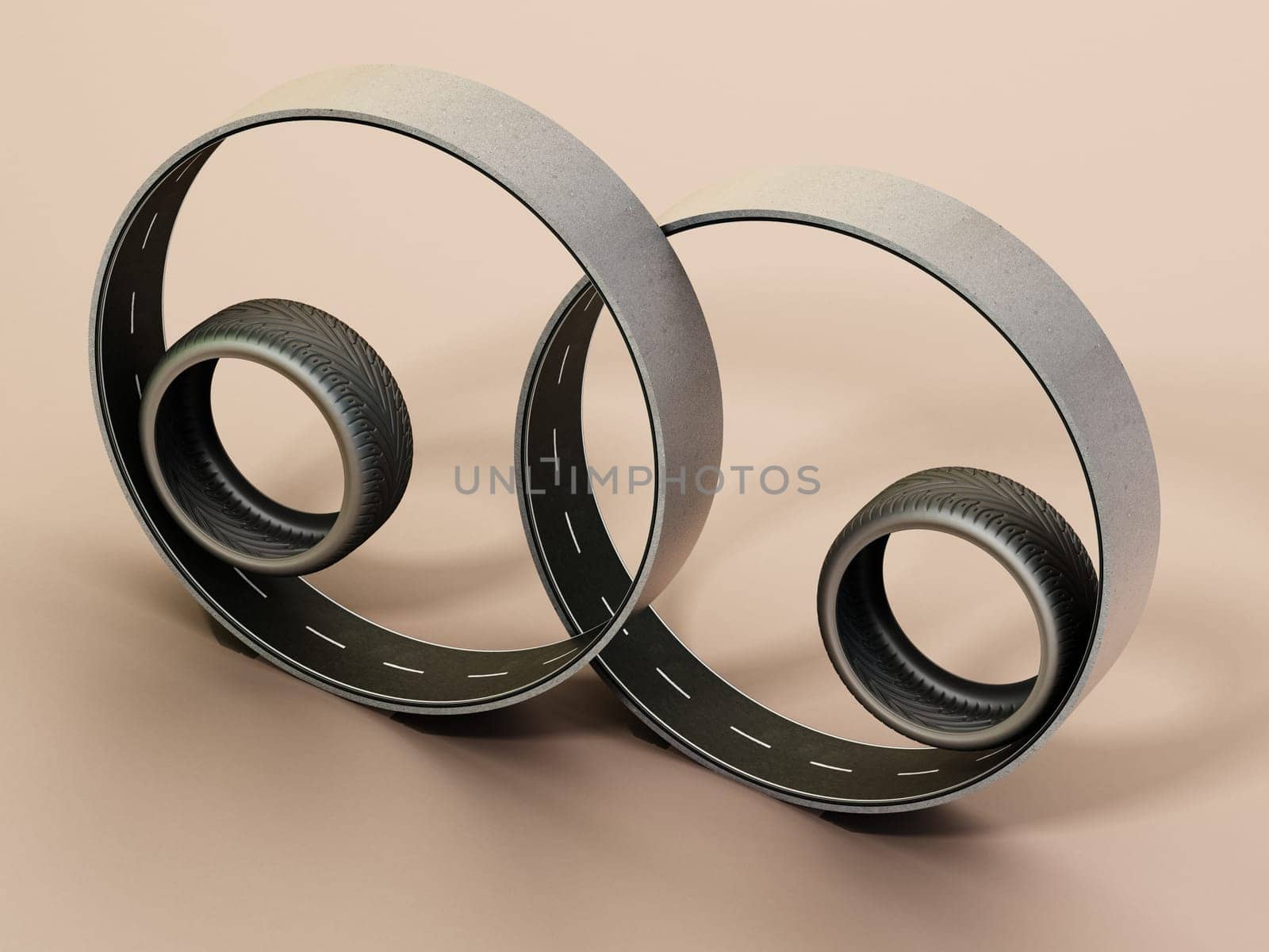 Spare new racing tyres inside circle shaped roads. 3D illustration.
