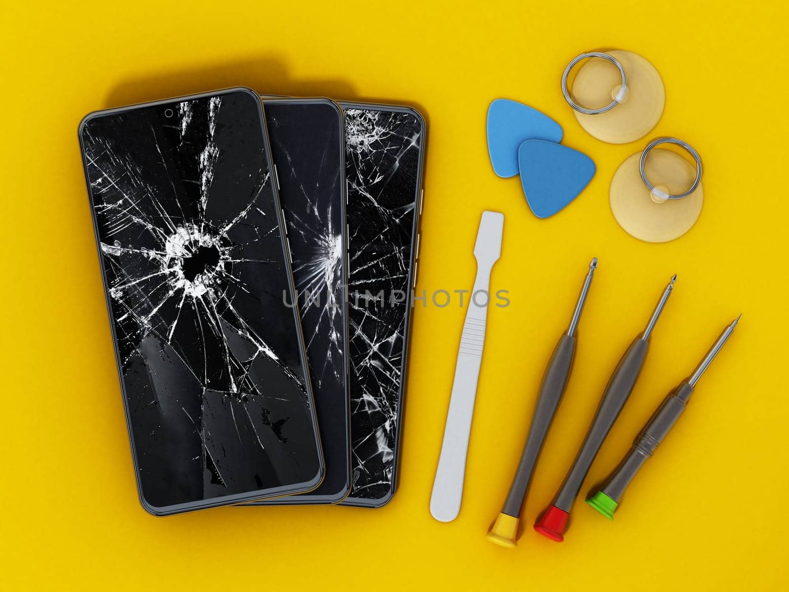 Repair tools and smartphones with broken screens isolated on yellow background. 3D illustration.
