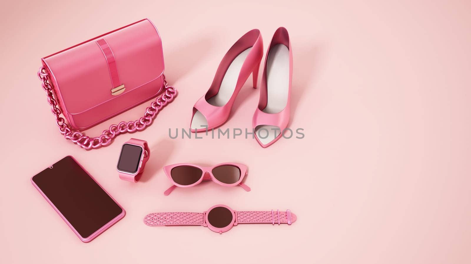 Set of trendy women's accessories. 3D illustration.