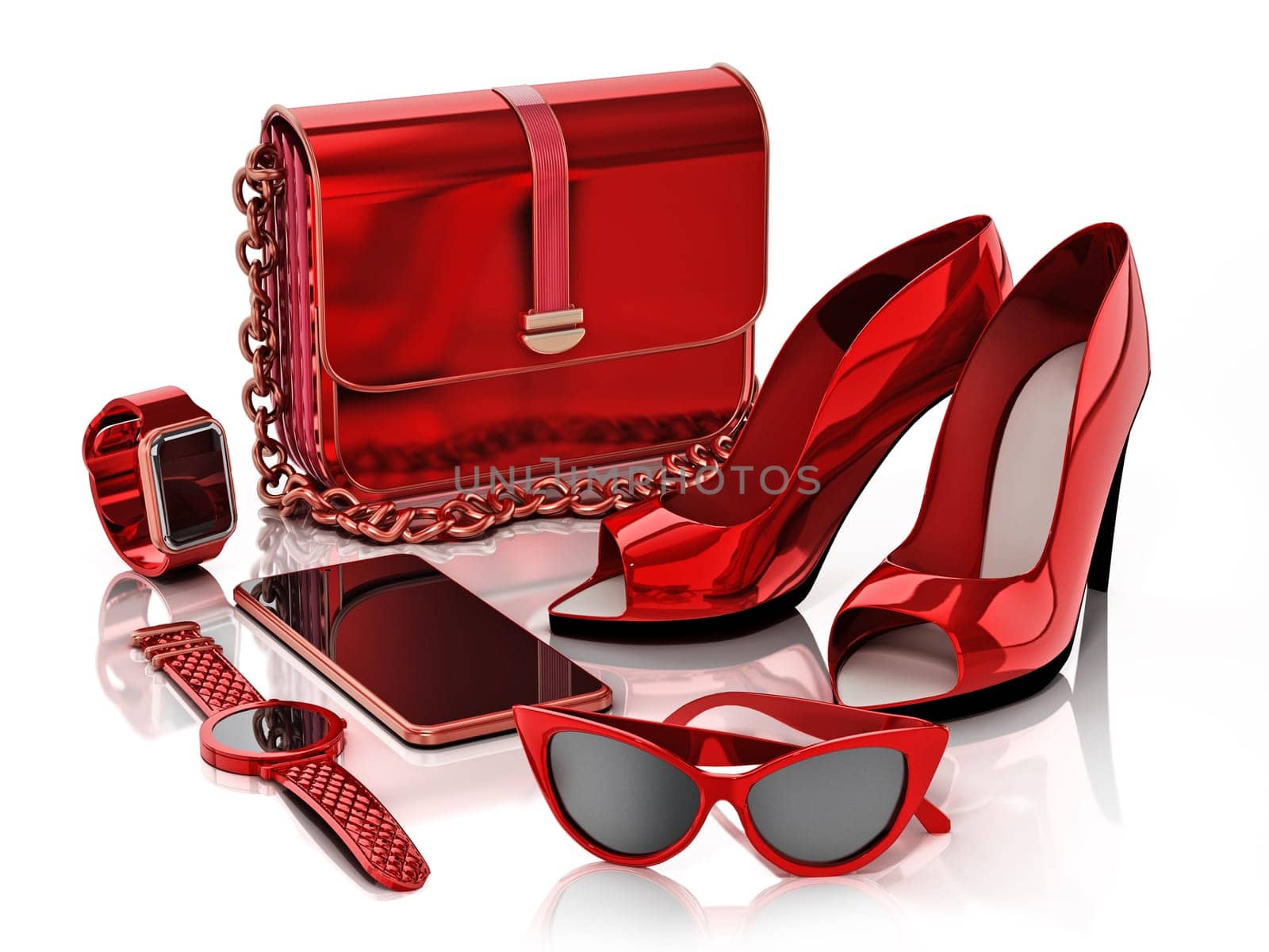 Set of trendy women's accessories. 3D illustration.
