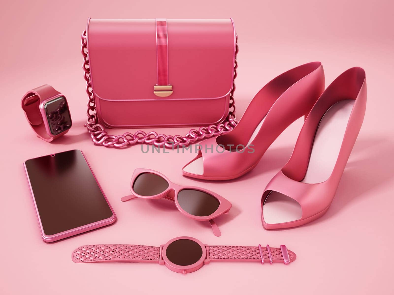 Set of trendy women's accessories. 3D illustration.