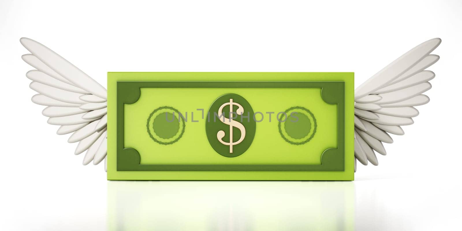 Fictitious dollar bill with angel wings isolated on white background. 3D illustration.