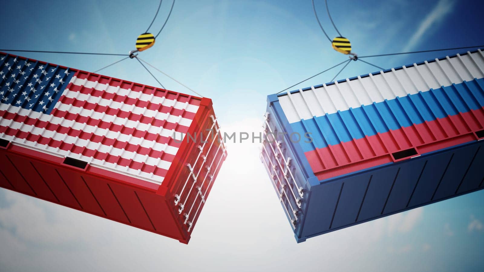 Clashing cargo containers with USA and Russia flags. 3D illustration.