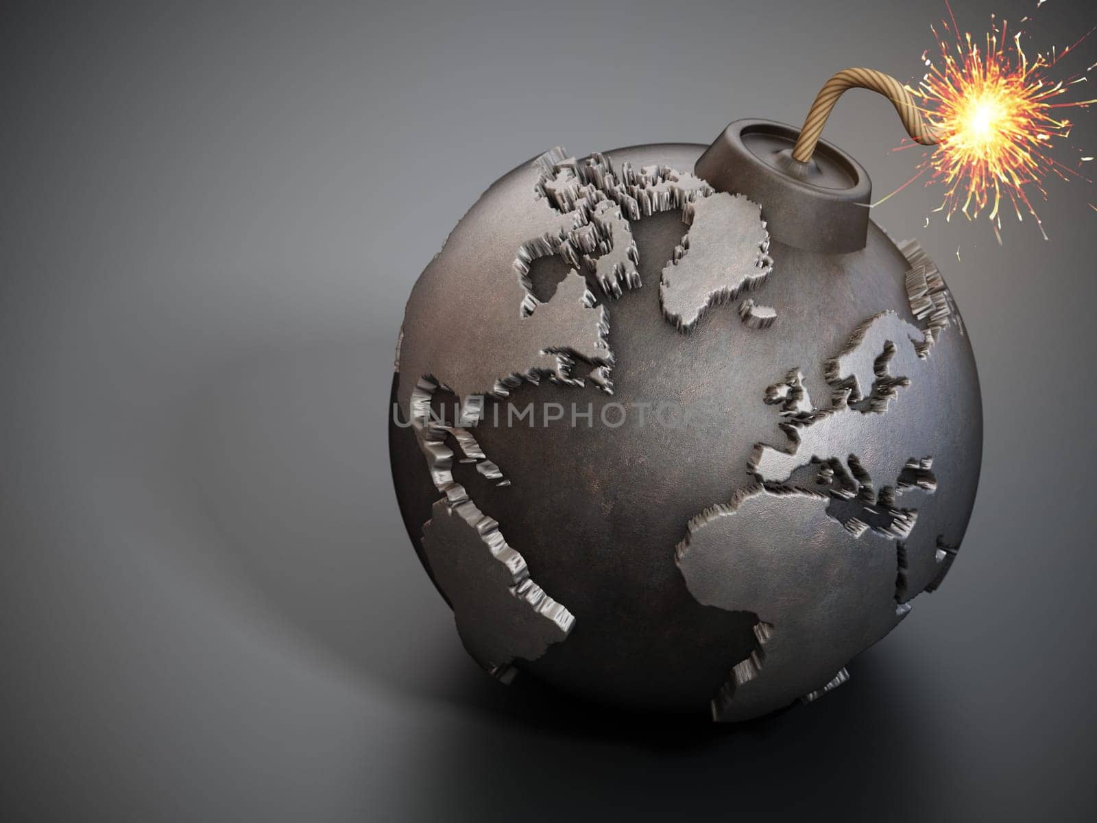 World map shaped bomb with burning fuse. 3D illustration.