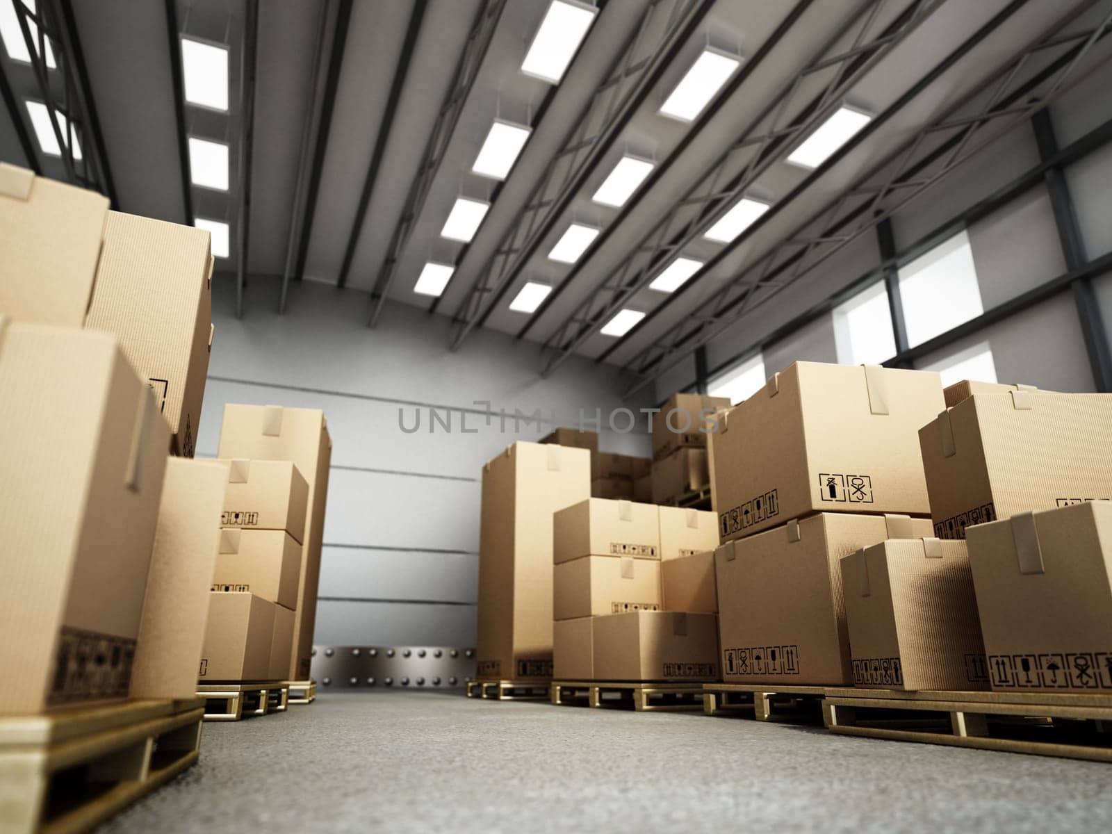 Stack of cardboard boxes inside the warehouse. 3D illustration.