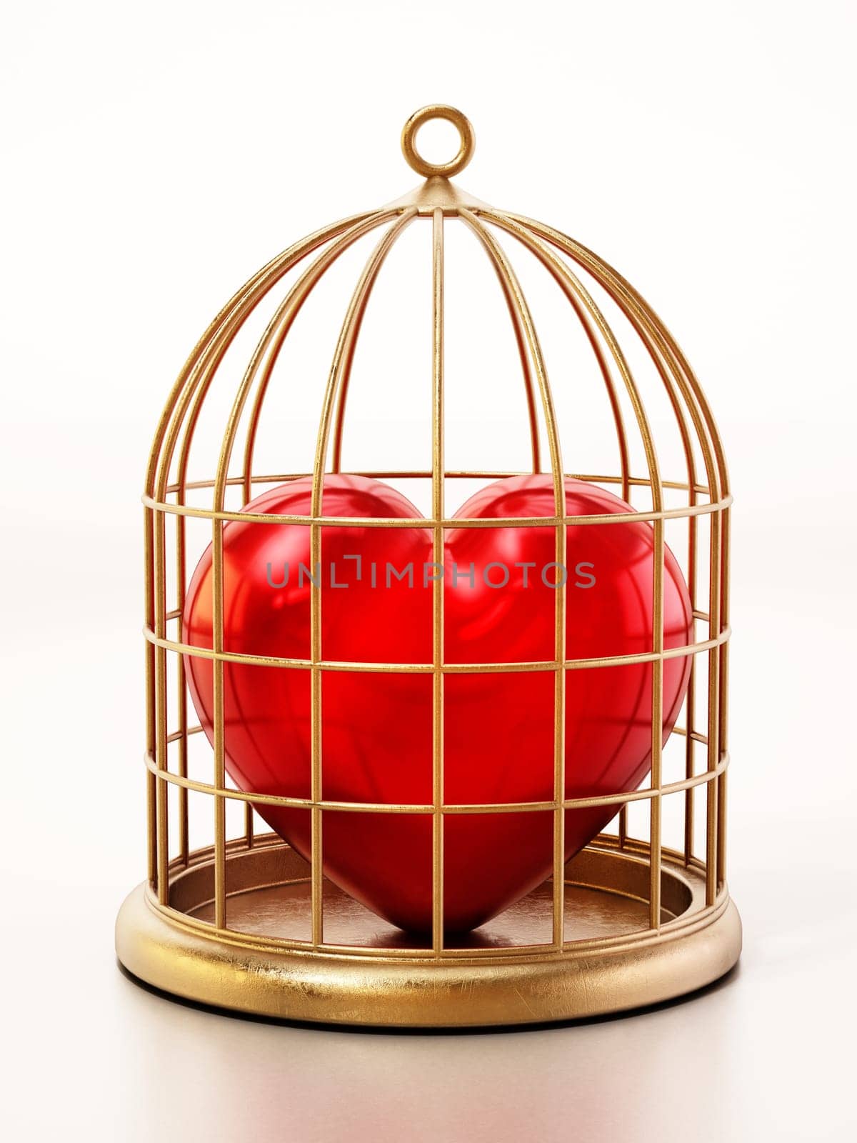 Red heart locked in gold birdcage. 3D illustration.