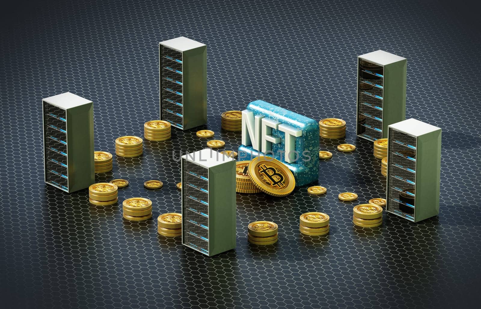 Crypto coins connecting data servers with NFT word at the center. 3D illustration.