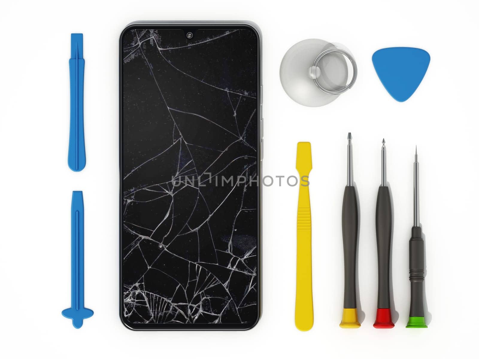 Repair tools and smartphones with broken screens isolated on white background. 3D illustration.