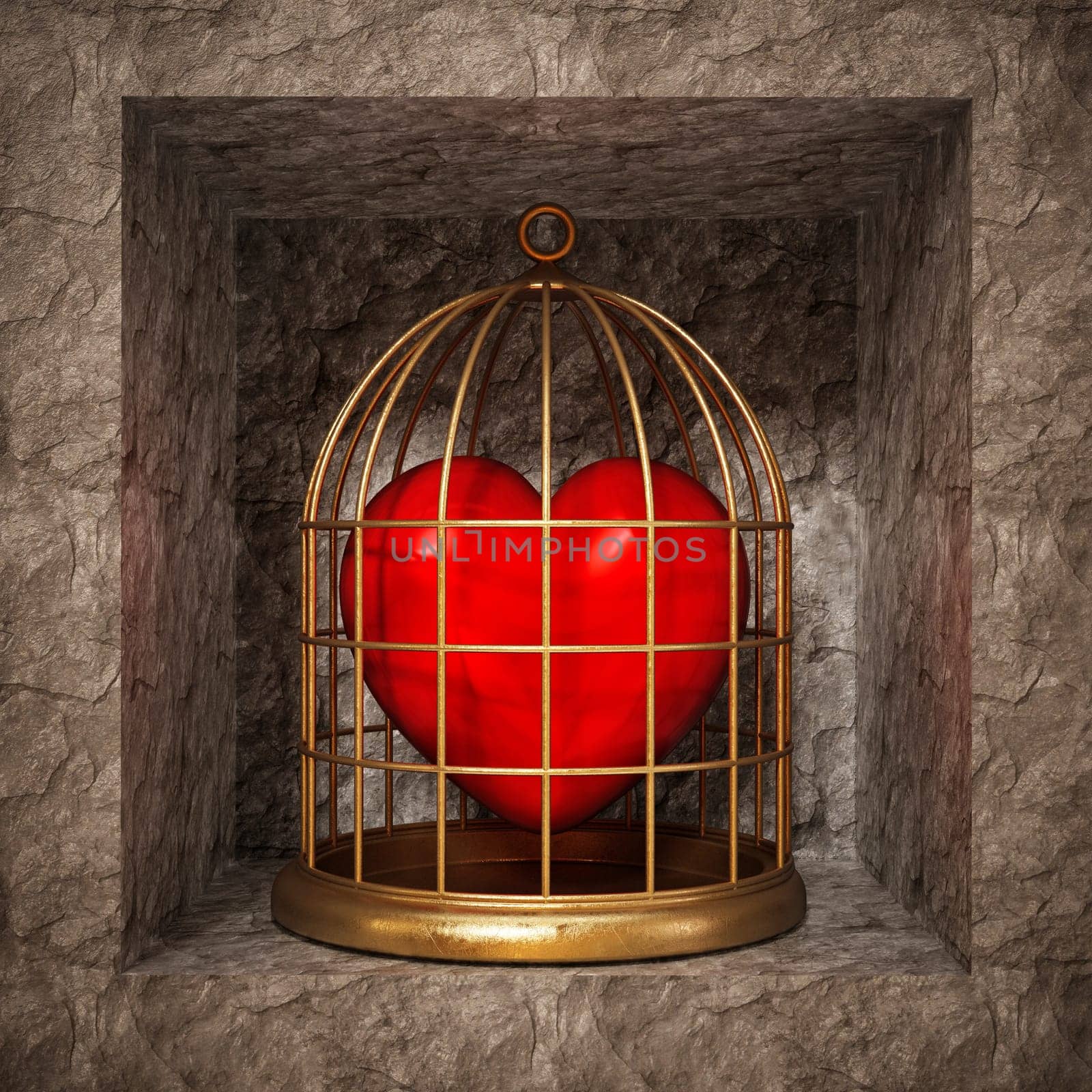 Red heart locked in gold birdcage. 3D illustration.